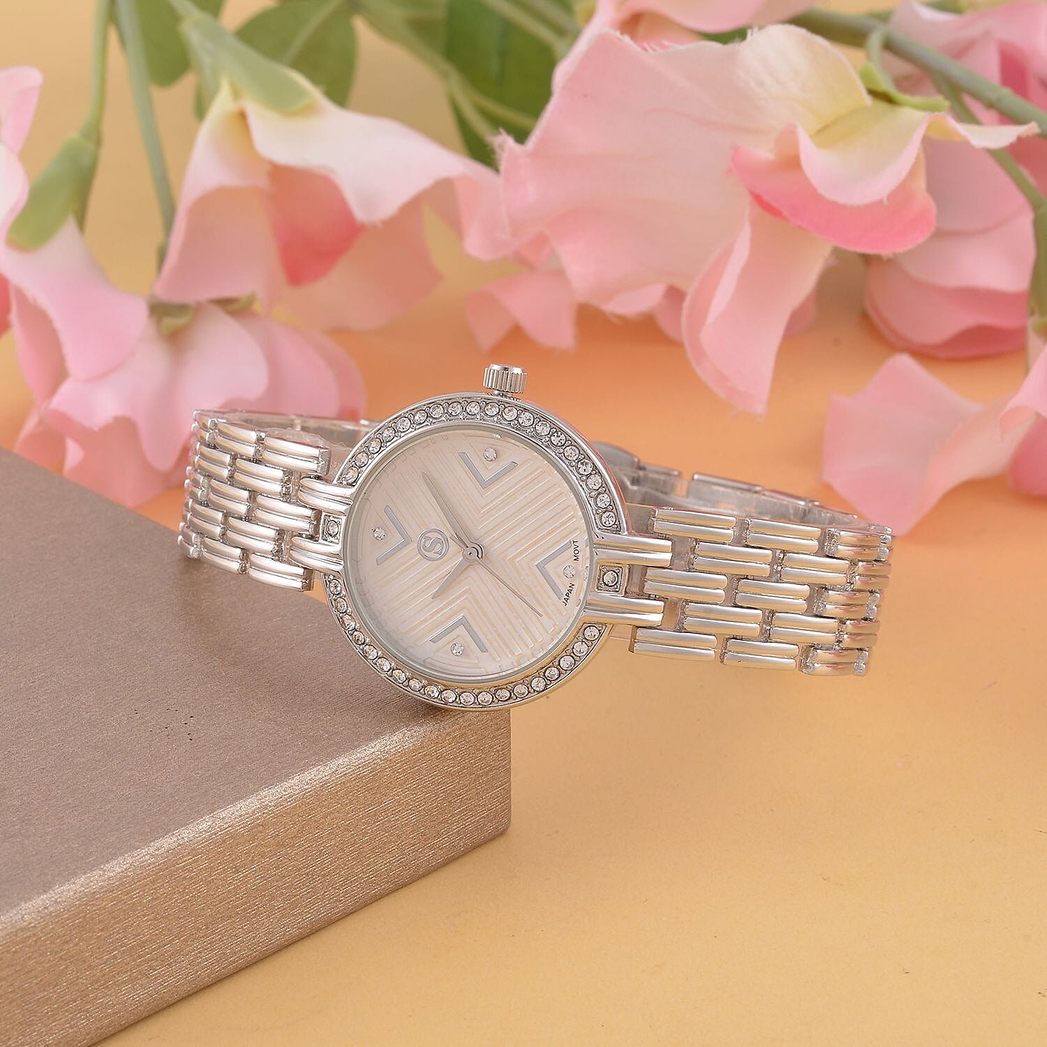 STRADA Japanese Movement Hydraulic Literal & Crystal White Dial Water Resistant Watch With Stainless Steel Chain Strap in Silver Tone