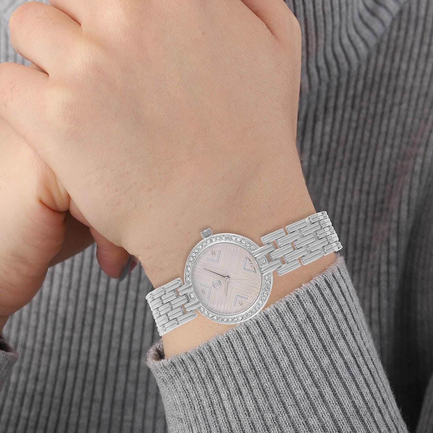 STRADA Japanese Movement Hydraulic Literal & Crystal White Dial Water Resistant Watch With Stainless Steel Chain Strap in Silver Tone