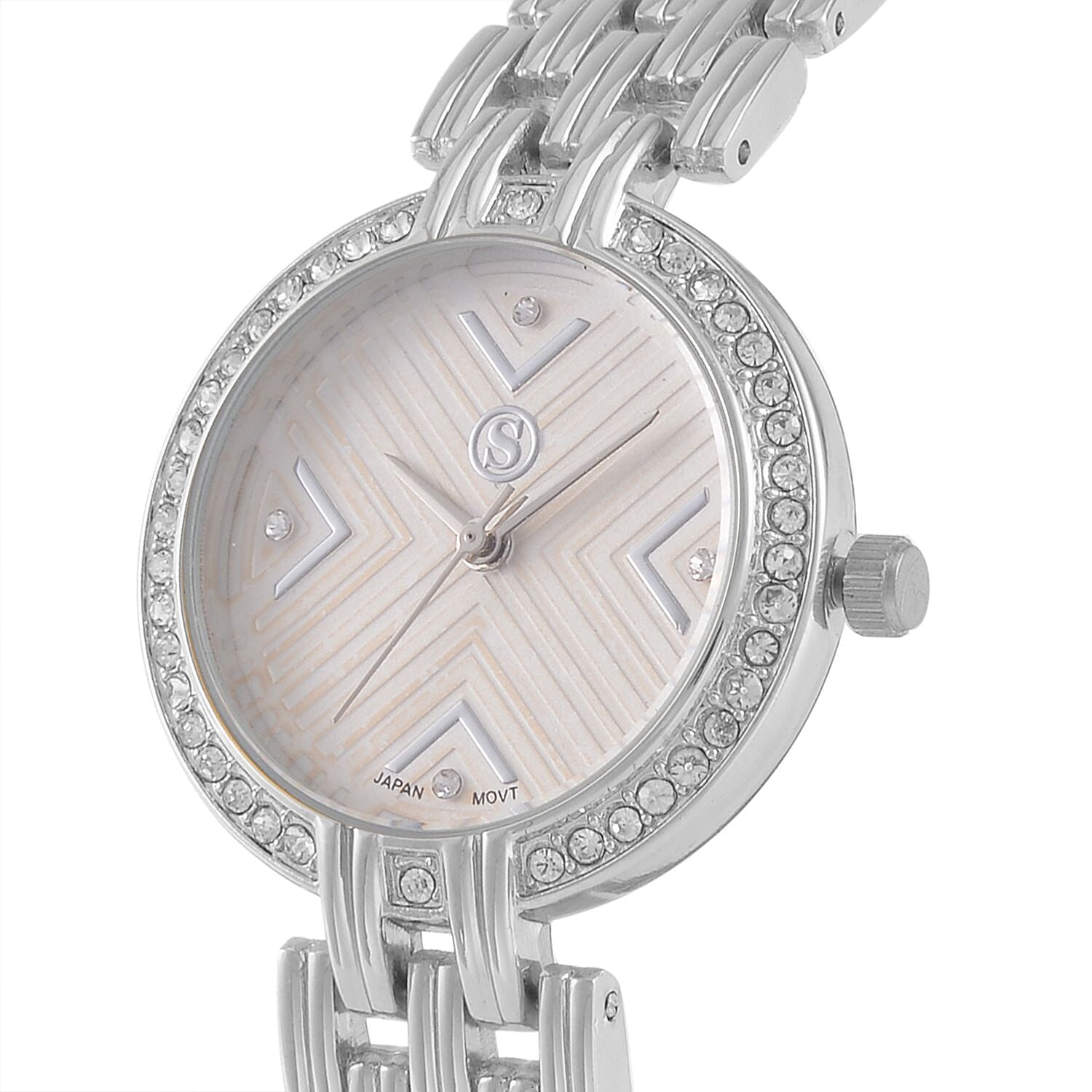 STRADA Japanese Movement Hydraulic Literal & Crystal White Dial Water Resistant Watch With Stainless Steel Chain Strap in Silver Tone