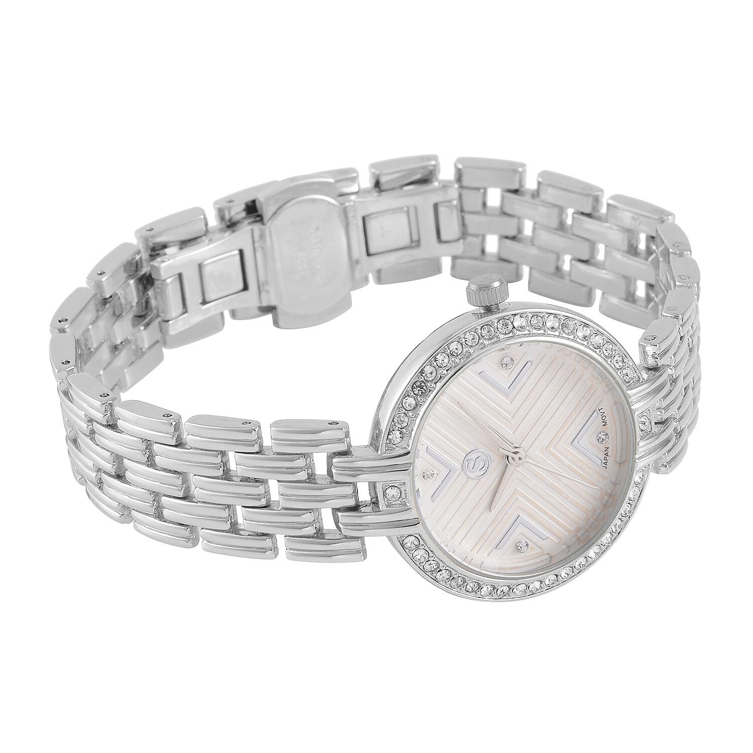 STRADA Japanese Movement Hydraulic Literal & Crystal White Dial Water Resistant Watch With Stainless Steel Chain Strap in Silver Tone