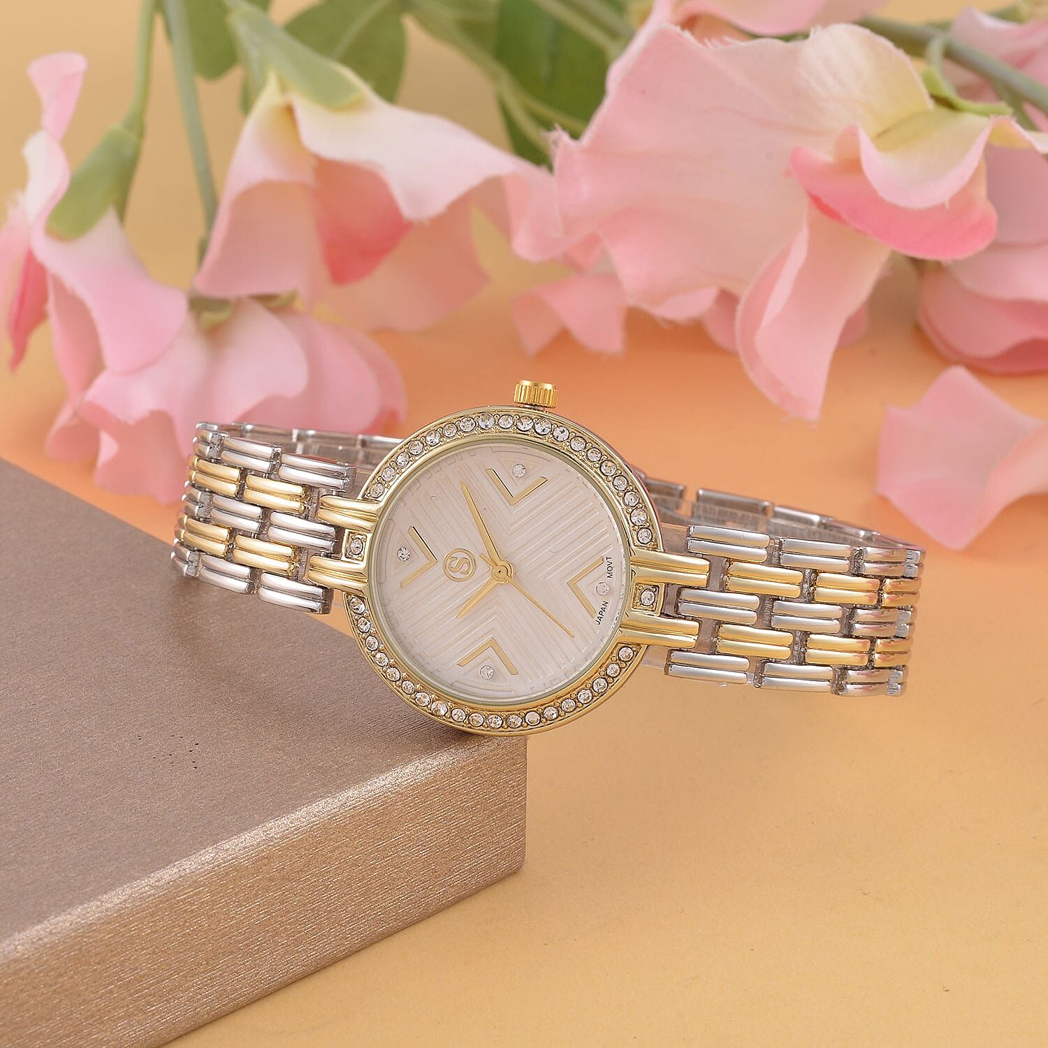 STRADA Japanese Movement Hydraulic Literal & Crystal White Dial Water Resistant Watch With Stainless Steel Chain Strap in Two-Tone