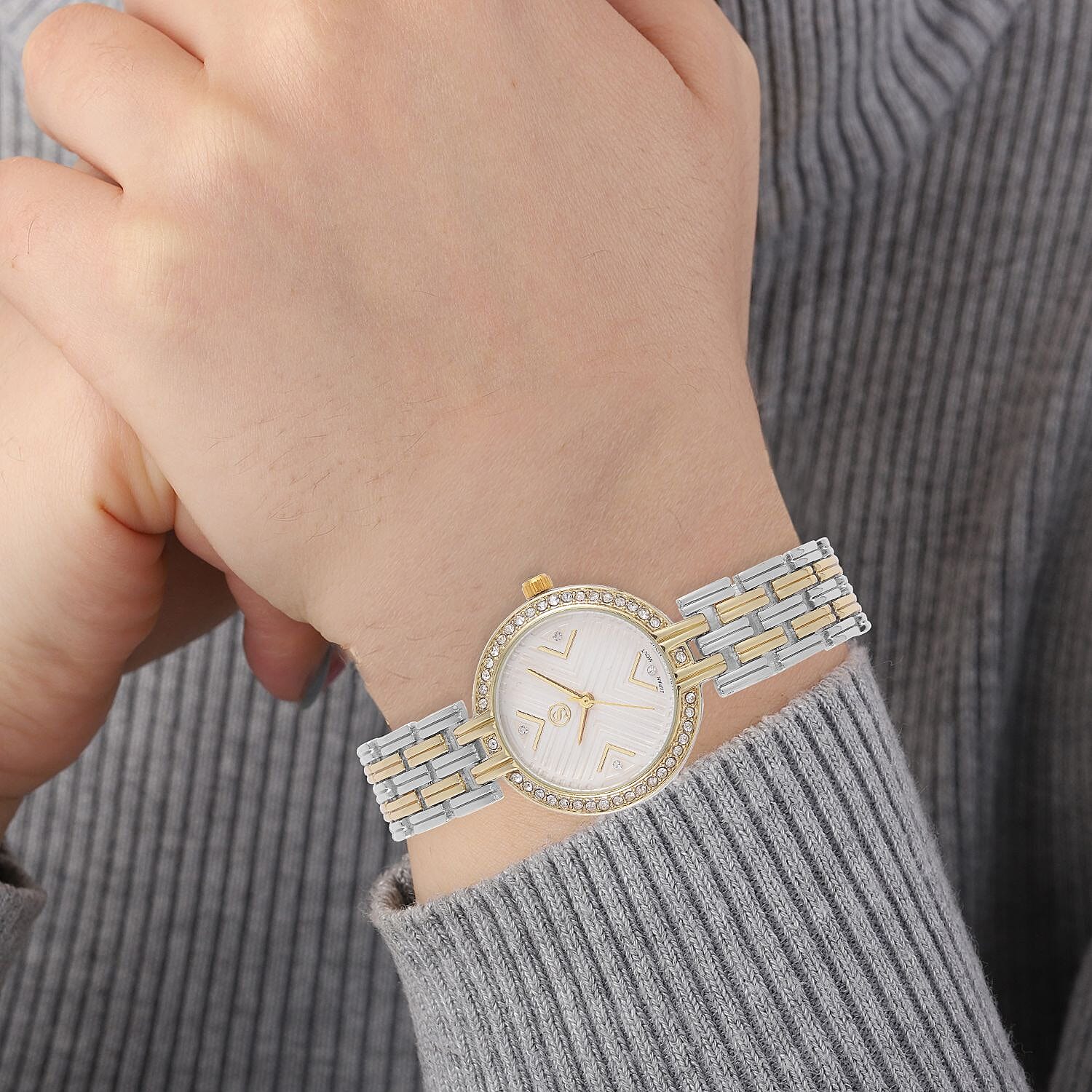 STRADA Japanese Movement Hydraulic Literal & Crystal White Dial Water Resistant Watch With Stainless Steel Chain Strap in Two-Tone