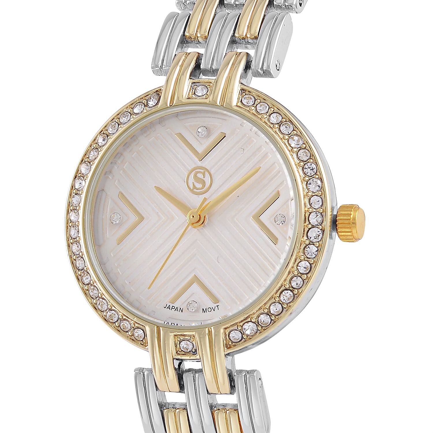 STRADA Japanese Movement Hydraulic Literal & Crystal White Dial Water Resistant Watch With Stainless Steel Chain Strap in Two-Tone