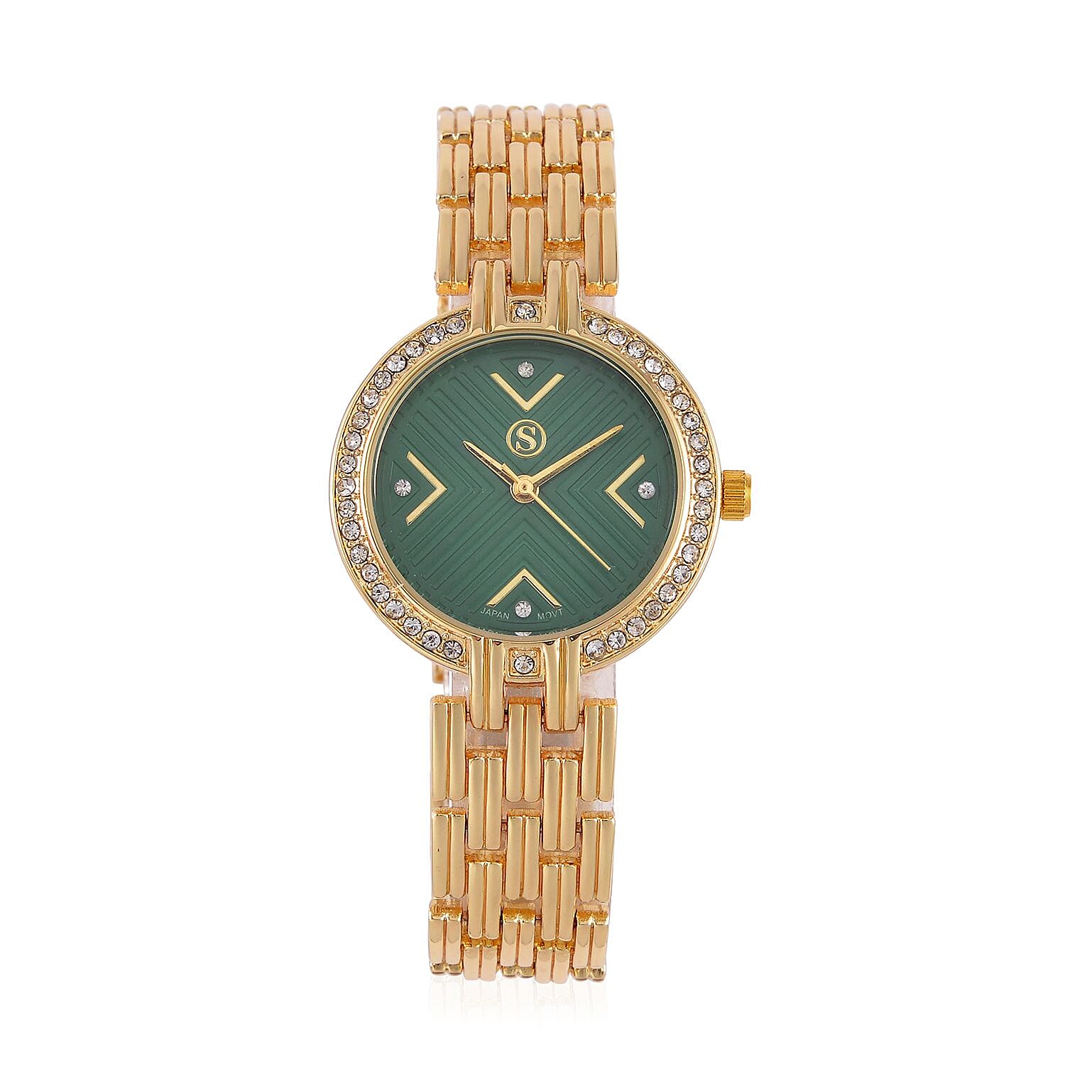 STRADA Japanese Movement Hydraulic Literal & Crystal Green Dial Water Resistant Watch With Stainless Steel Chain Strap in Yellow Gold Tone