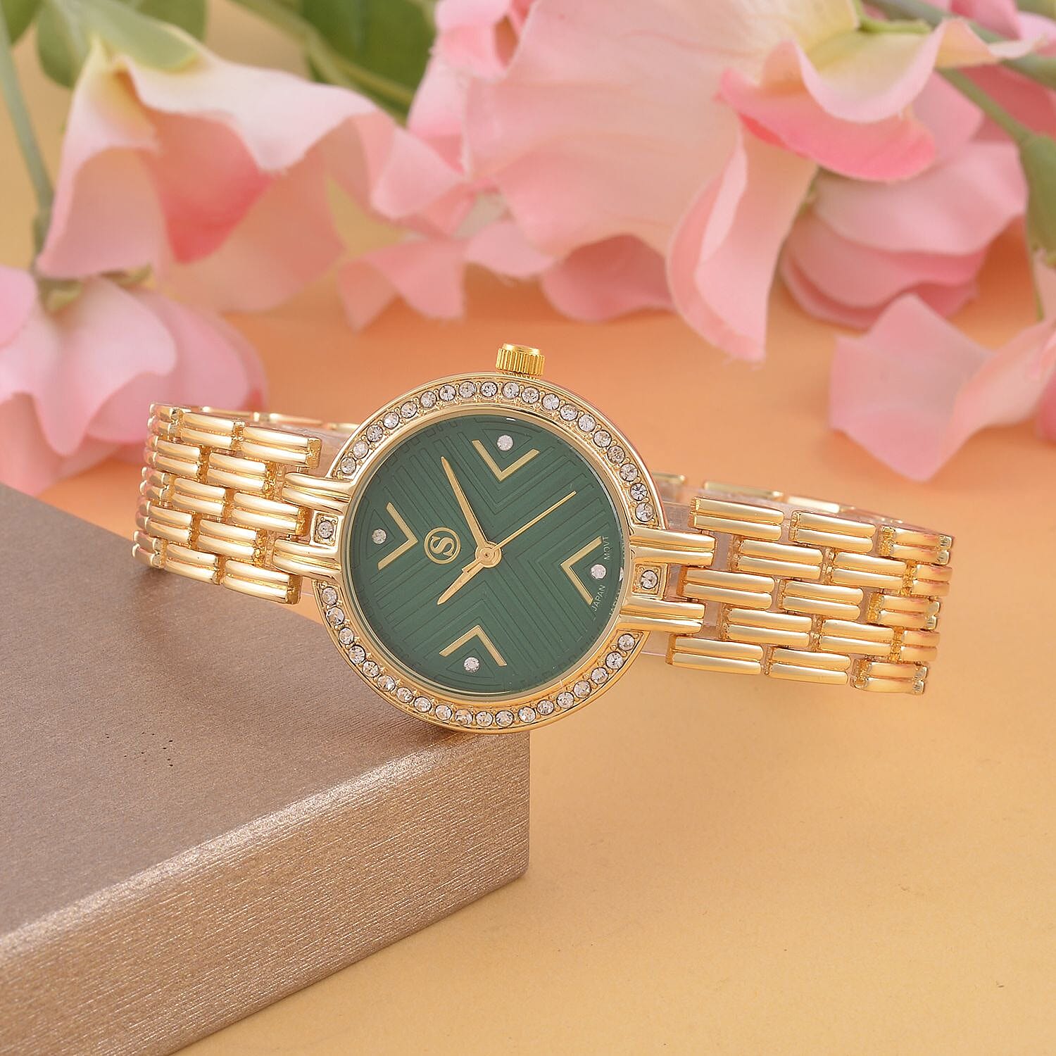 STRADA Japanese Movement Hydraulic Literal & Crystal Green Dial Water Resistant Watch With Stainless Steel Chain Strap in Yellow Gold Tone