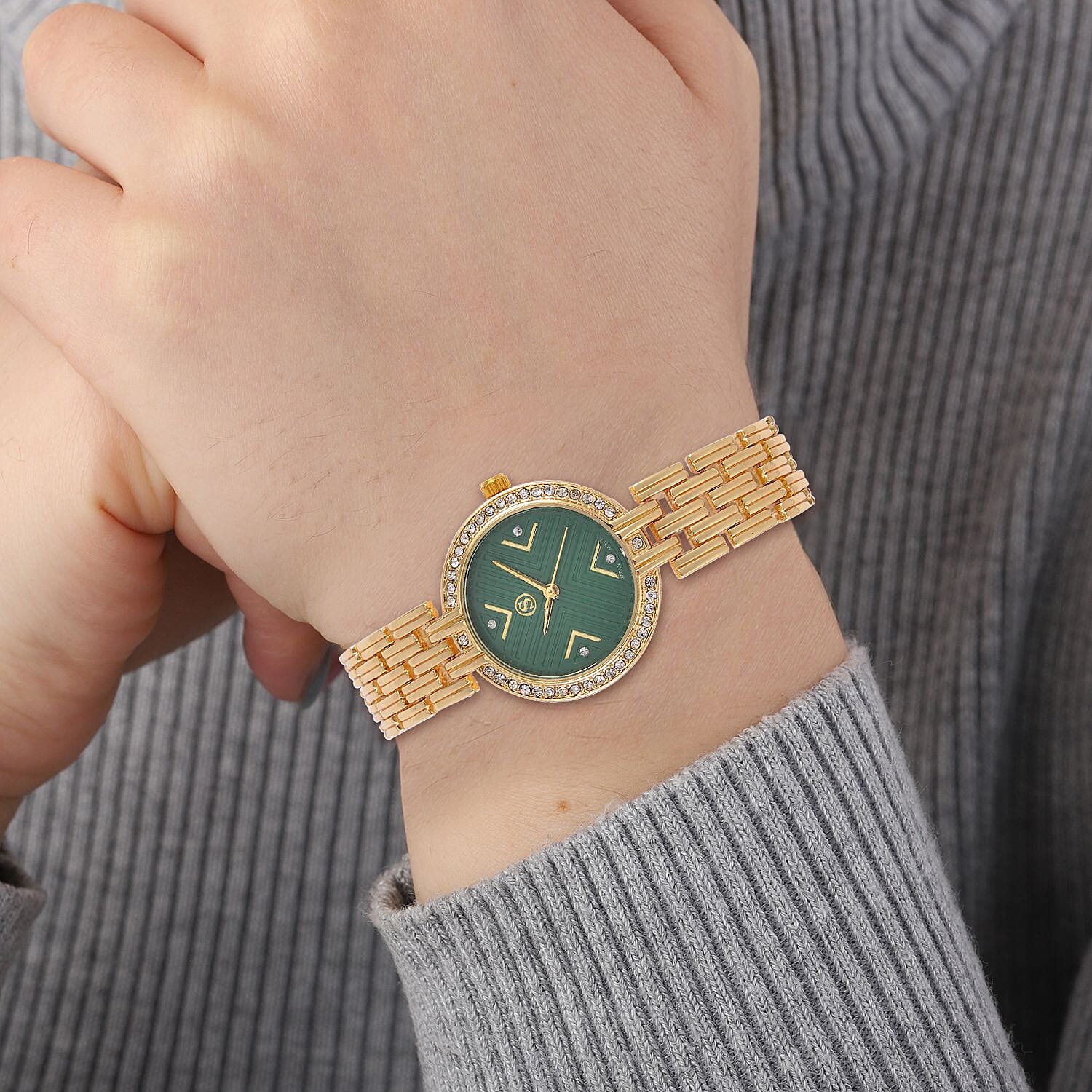 STRADA Japanese Movement Hydraulic Literal & Crystal Green Dial Water Resistant Watch With Stainless Steel Chain Strap in Yellow Gold Tone