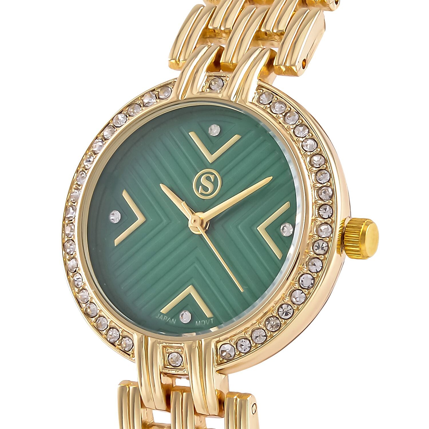 STRADA Japanese Movement Hydraulic Literal & Crystal Green Dial Water Resistant Watch With Stainless Steel Chain Strap in Yellow Gold Tone