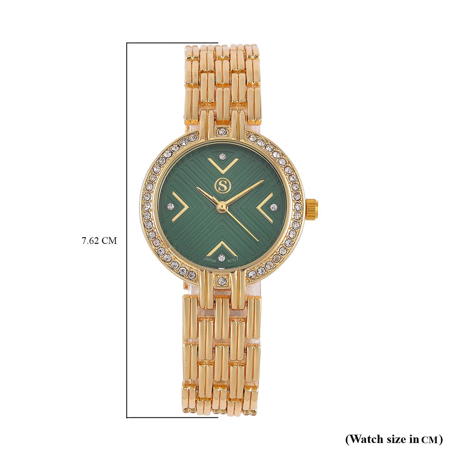 STRADA Japanese Movement Hydraulic Literal & Crystal Green Dial Water Resistant Watch With Stainless Steel Chain Strap in Yellow Gold Tone