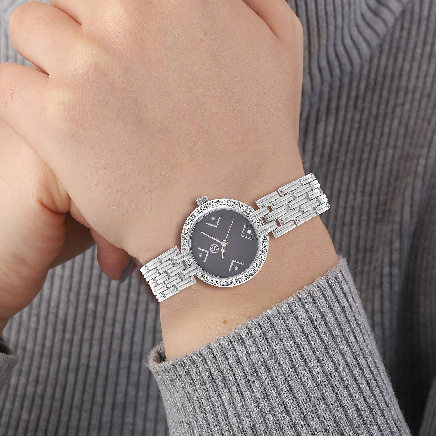 STRADA Japanese Movement Hydraulic Literal & Crystal Black Dial Water Resistant Watch With Stainless Steel Chain Strap in Silver Tone