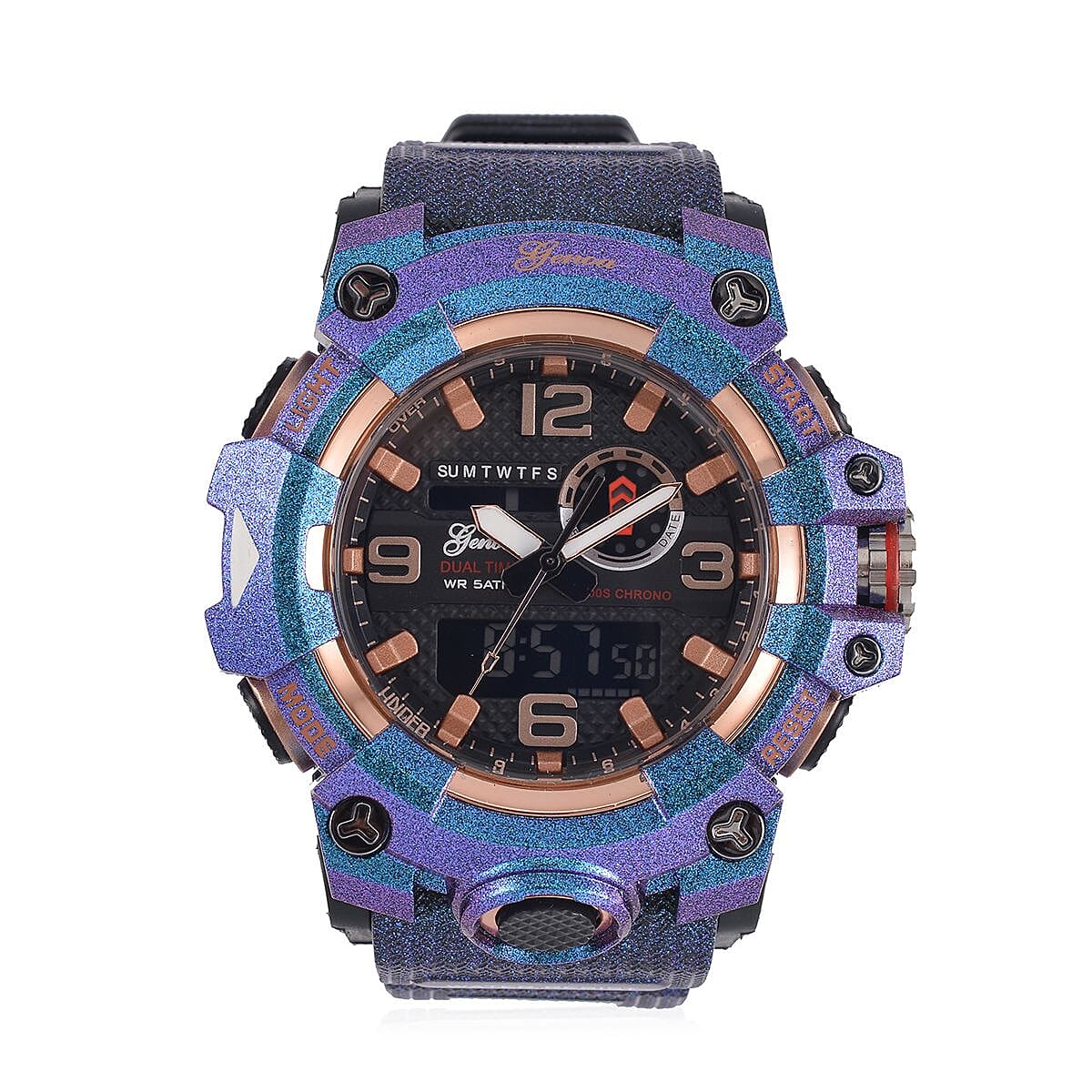 GENOA Time V2 Dual Japanese Movement Black Dial Gold Scale 5 ATM Water Resistant Watch With Blue Stainless Steel & Leatherette Strap