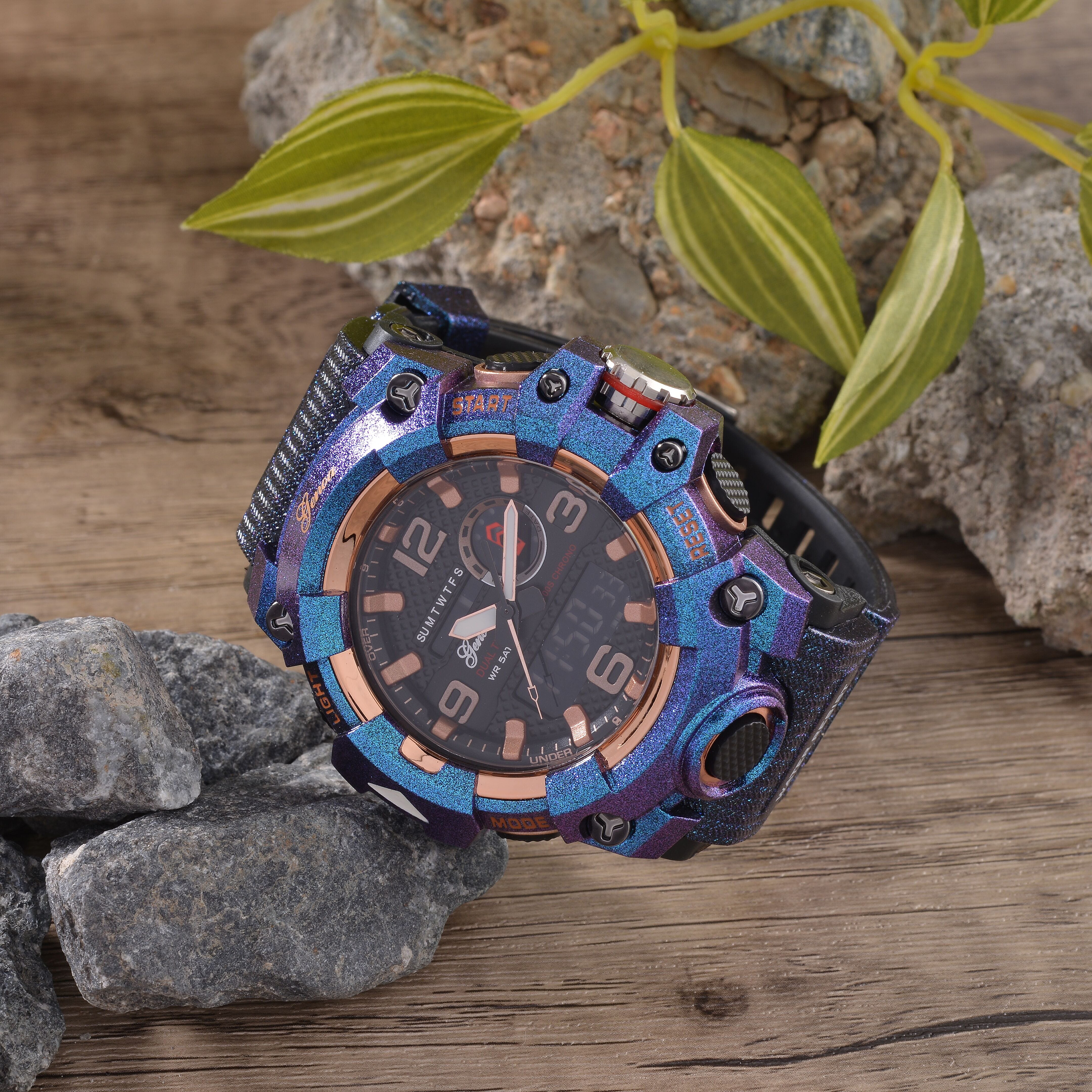 GENOA Time V2 Dual Japanese Movement Black Dial Gold Scale 5 ATM Water Resistant Watch With Blue Stainless Steel & Leatherette Strap