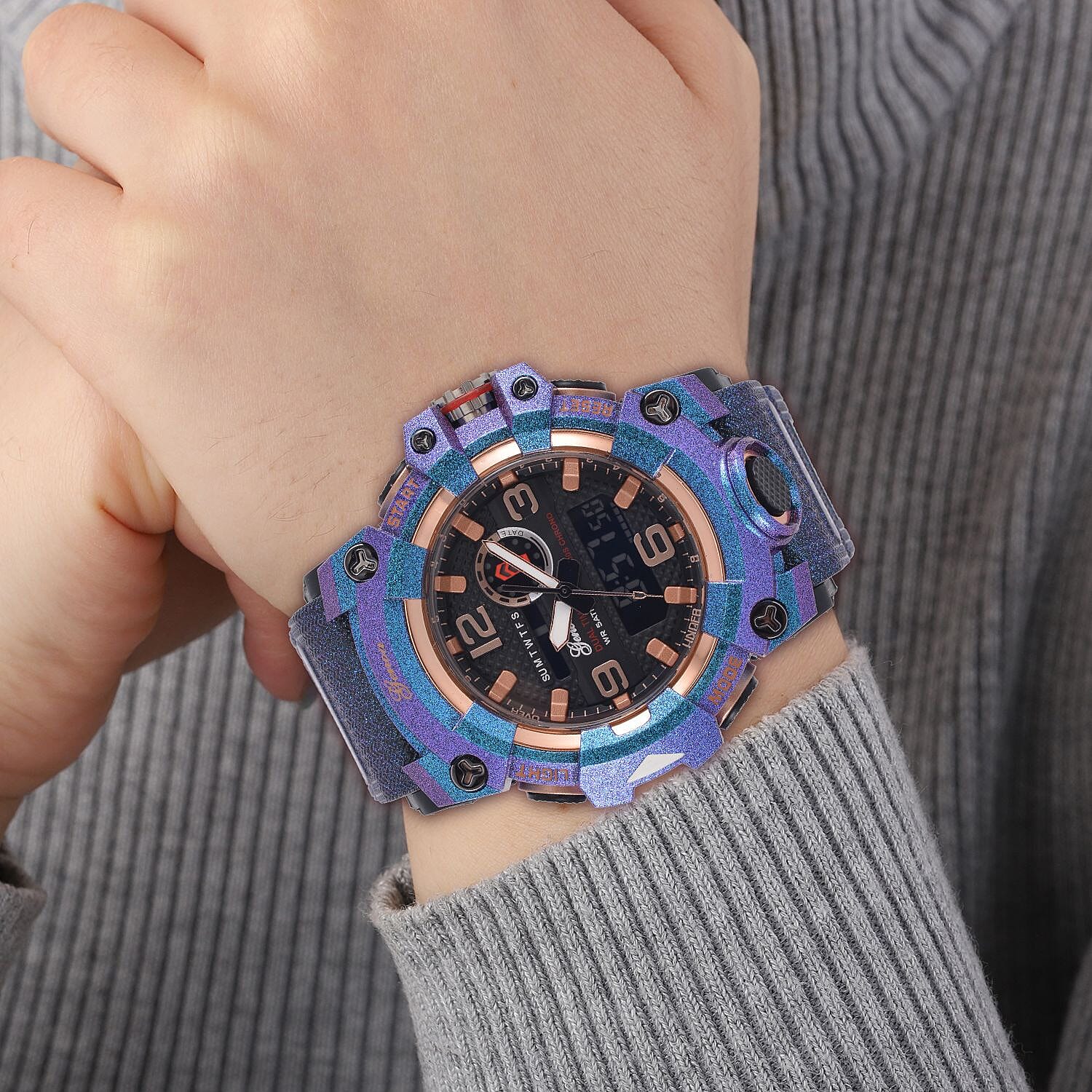 GENOA Time V2 Dual Japanese Movement Black Dial Gold Scale 5 ATM Water Resistant Watch With Blue Stainless Steel & Leatherette Strap