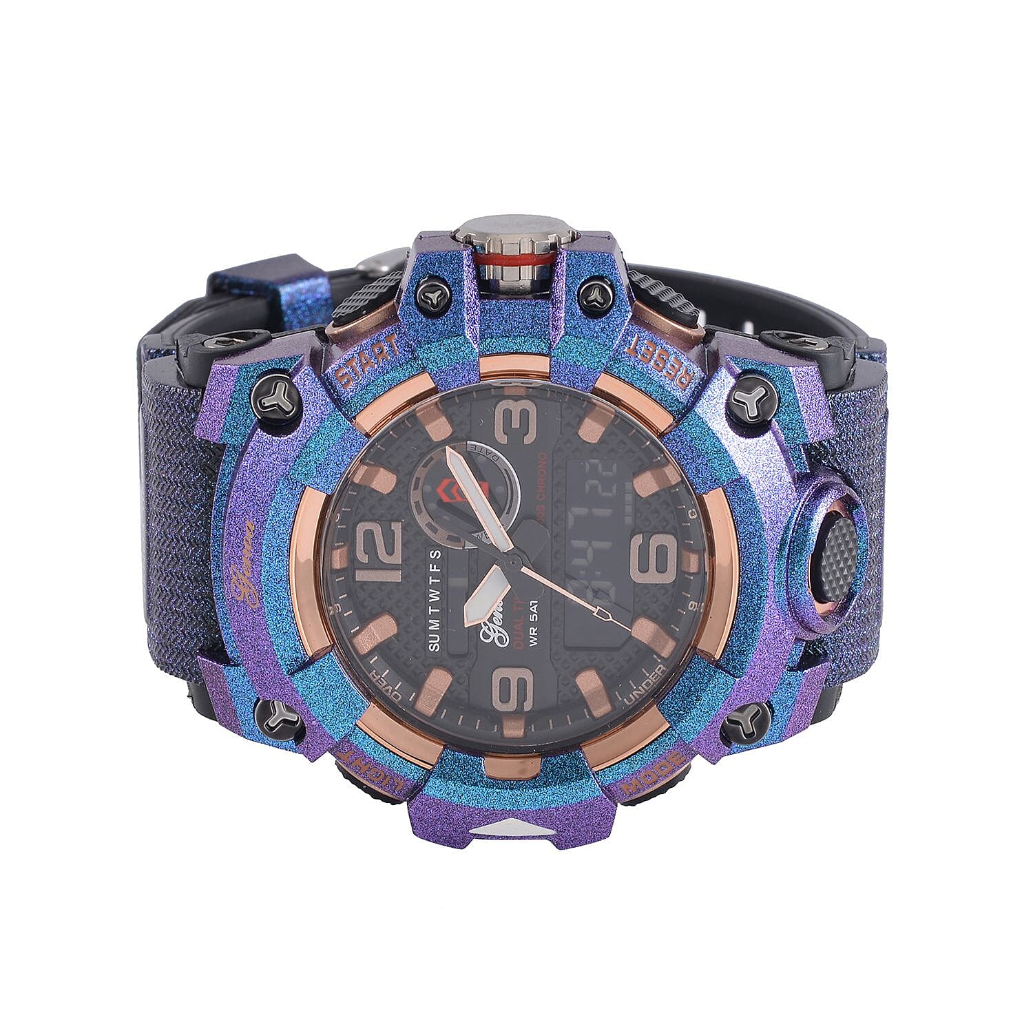 GENOA Time V2 Dual Japanese Movement Black Dial Gold Scale 5 ATM Water Resistant Watch With Blue Stainless Steel & Leatherette Strap