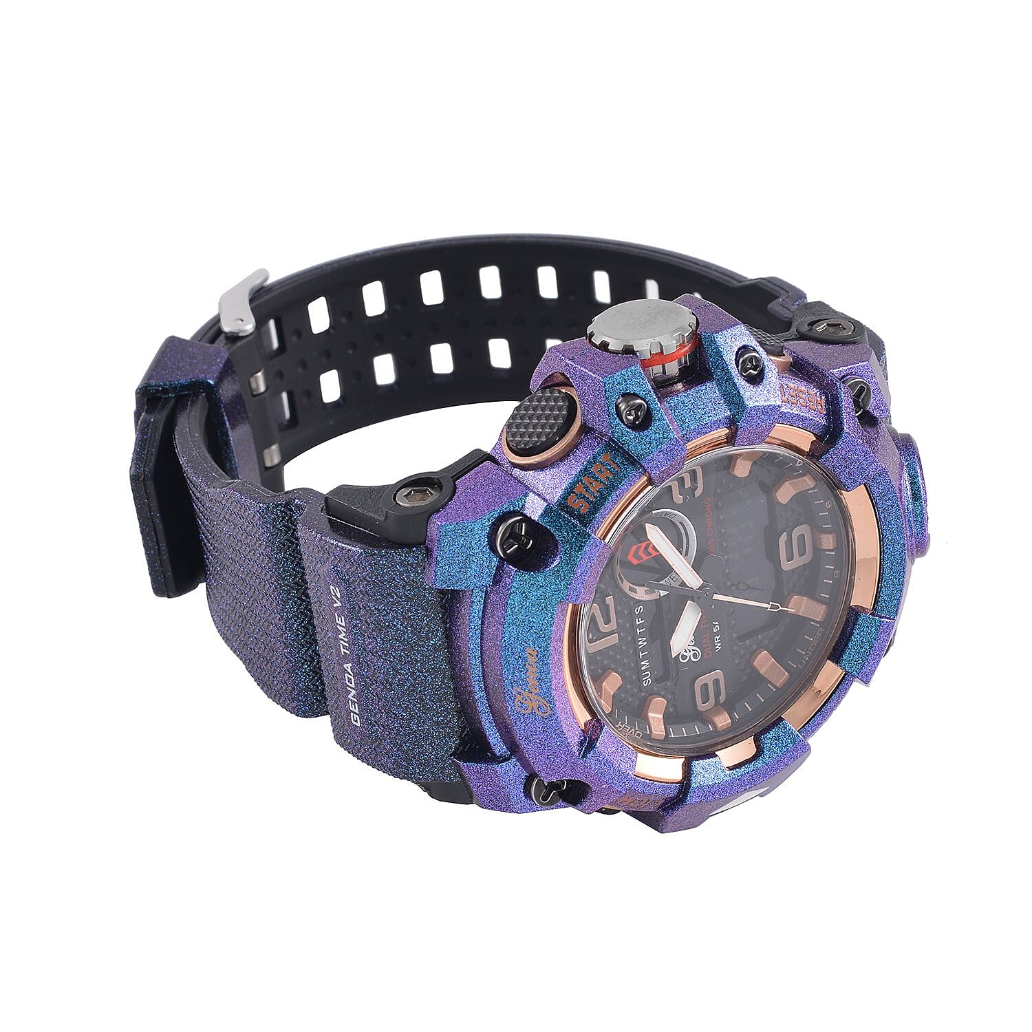 GENOA Time V2 Dual Japanese Movement Black Dial Gold Scale 5 ATM Water Resistant Watch With Blue Stainless Steel & Leatherette Strap