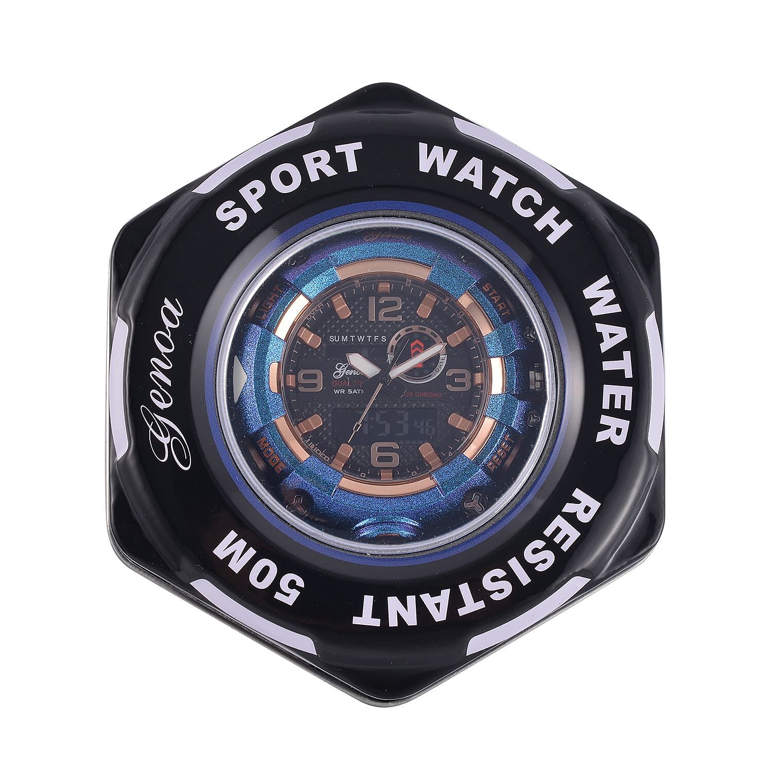 GENOA Time V2 Dual Japanese Movement Black Dial Gold Scale 5 ATM Water Resistant Watch With Blue Stainless Steel & Leatherette Strap