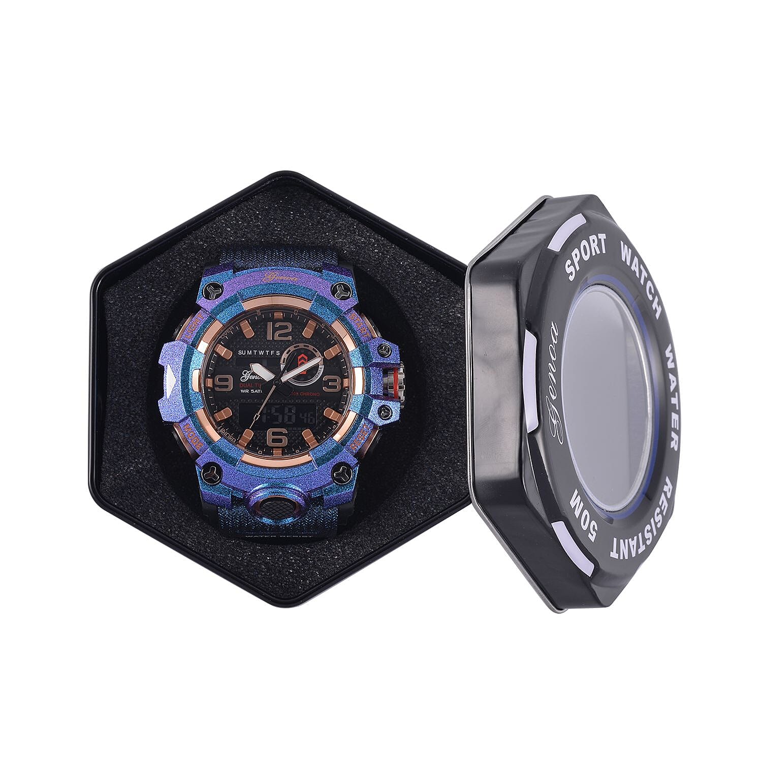 GENOA Time V2 Dual Japanese Movement Black Dial Gold Scale 5 ATM Water Resistant Watch With Blue Stainless Steel & Leatherette Strap