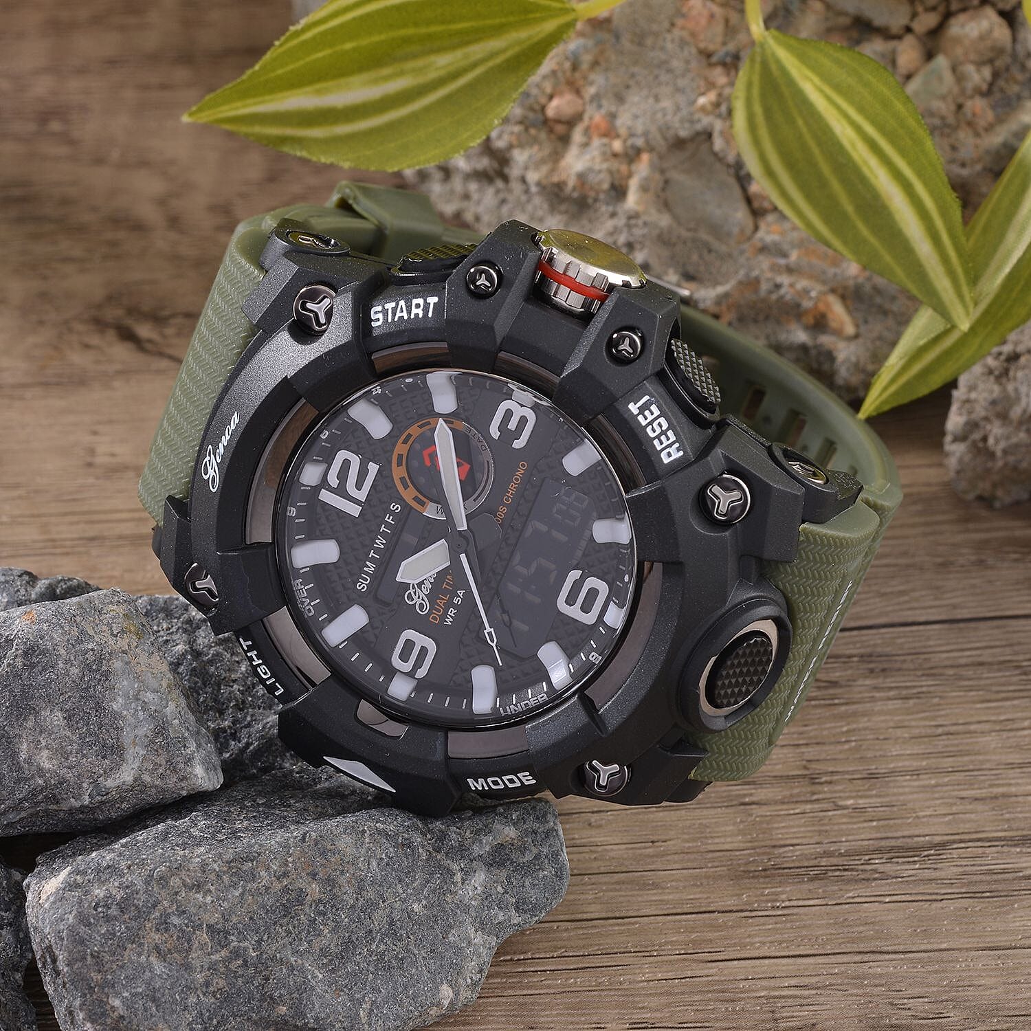 GENOA Time V2 Dual Japanese Movement Black Dial Silver Scale 5 ATM Water Resistant Watch With Green Stainless Steel & Leatherette Strap