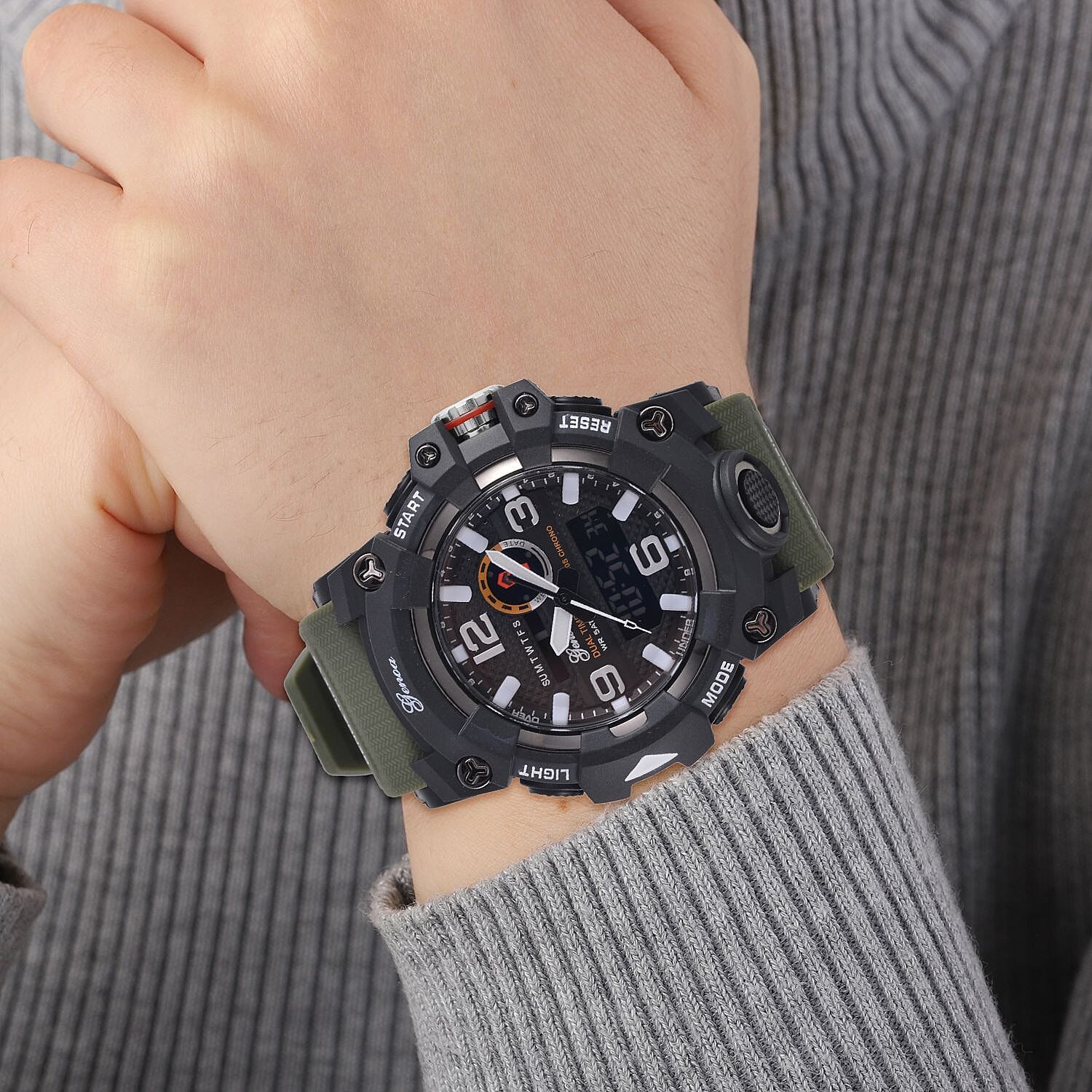 GENOA Time V2 Dual Japanese Movement Black Dial Silver Scale 5 ATM Water Resistant Watch With Green Stainless Steel & Leatherette Strap