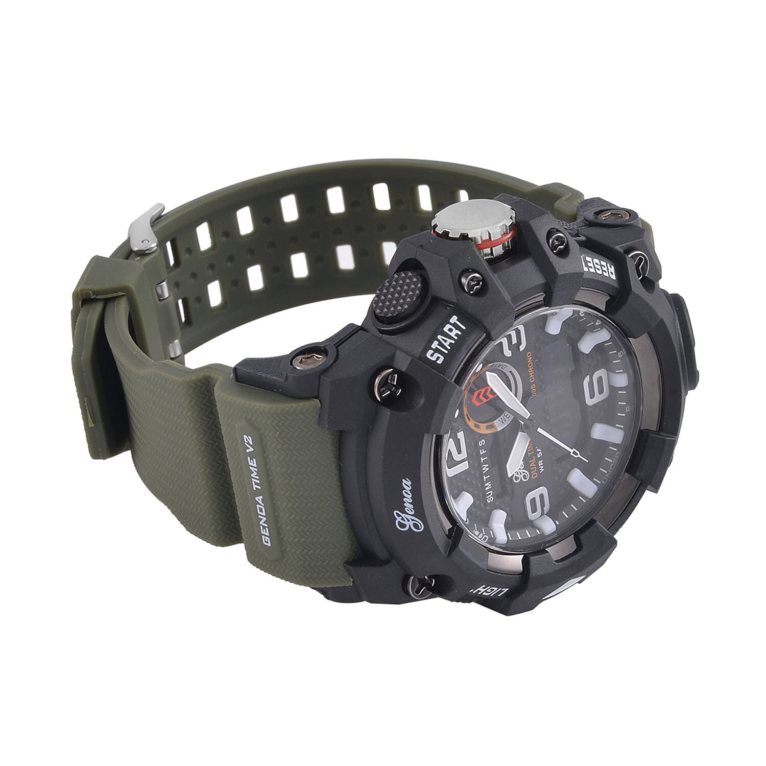 GENOA Time V2 Dual Japanese Movement Black Dial Silver Scale 5 ATM Water Resistant Watch With Green Stainless Steel & Leatherette Strap