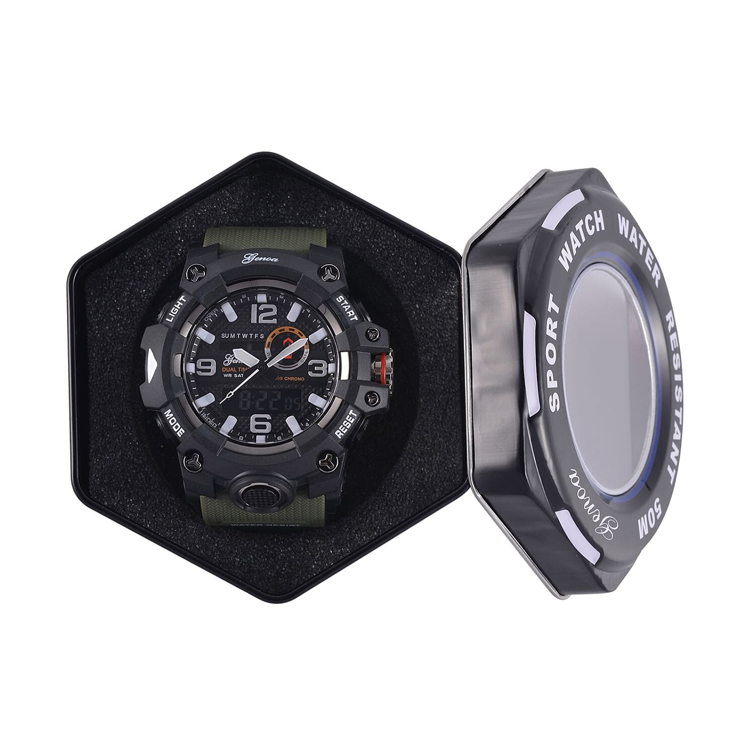 GENOA Time V2 Dual Japanese Movement Black Dial Silver Scale 5 ATM Water Resistant Watch With Green Stainless Steel & Leatherette Strap