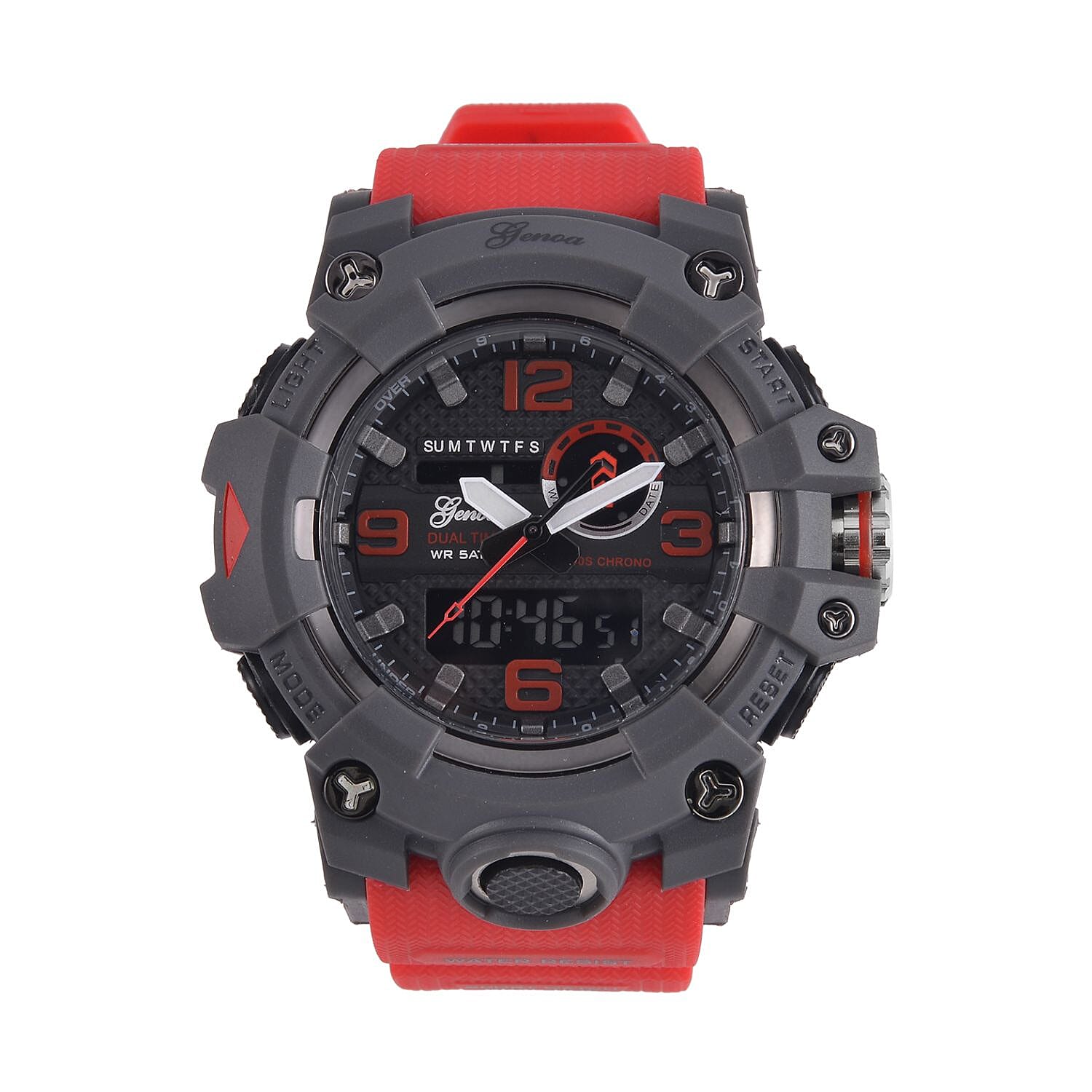 GENOA Time V2 Dual Japanese Movement Black Dial Grey Scale 5 ATM Water Resistant Watch With Red Stainless Steel & Leatherette Strap