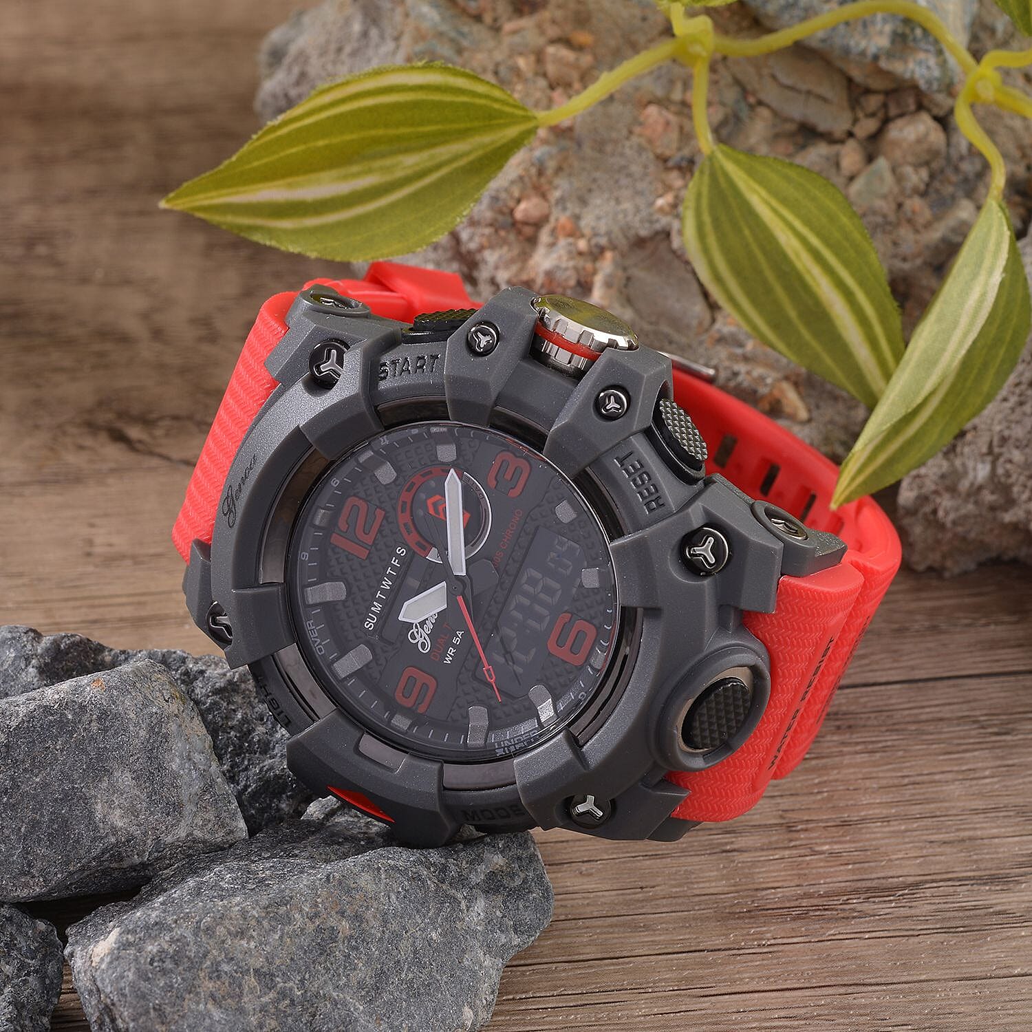 GENOA Time V2 Dual Japanese Movement Black Dial Grey Scale 5 ATM Water Resistant Watch With Red Stainless Steel & Leatherette Strap