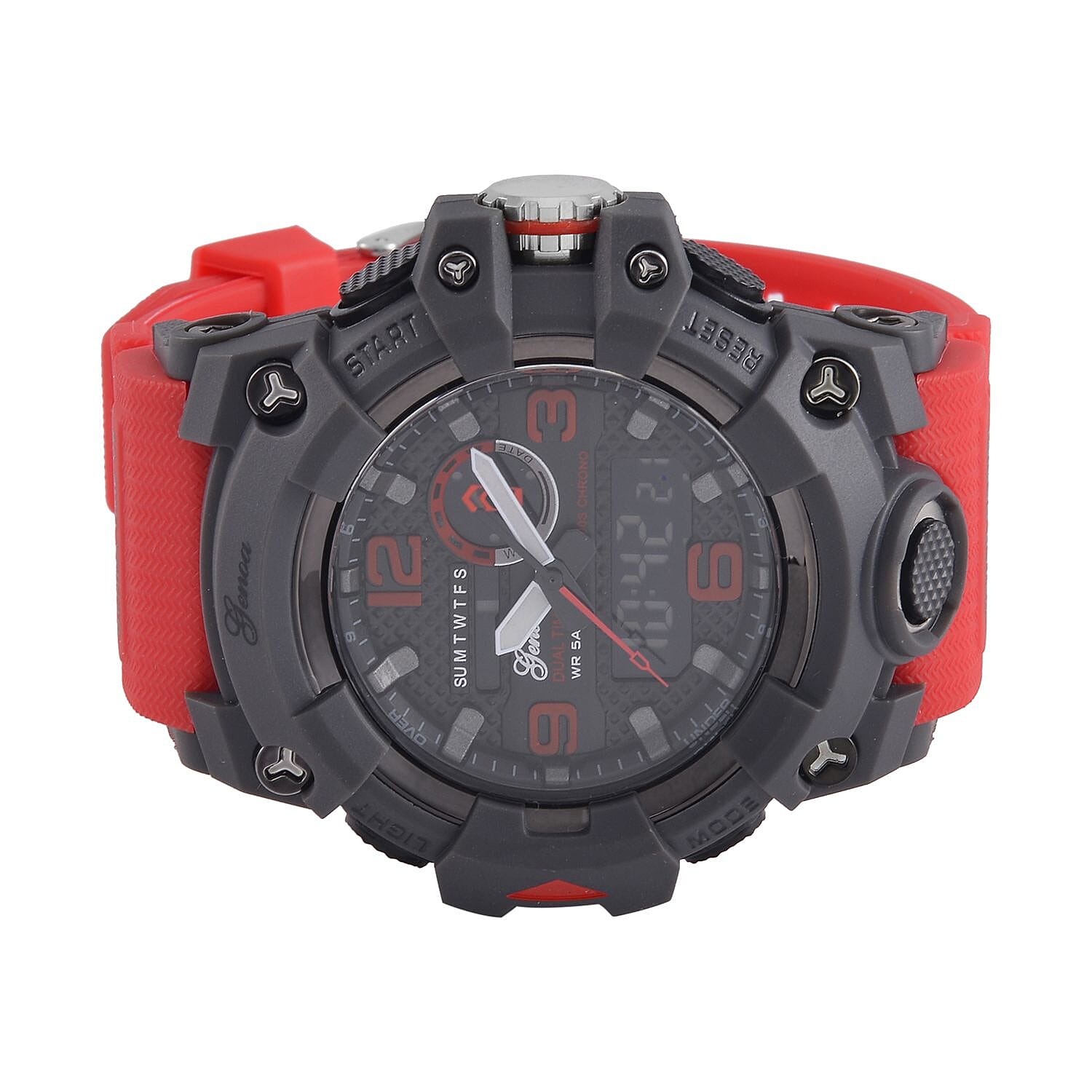 GENOA Time V2 Dual Japanese Movement Black Dial Grey Scale 5 ATM Water Resistant Watch With Red Stainless Steel & Leatherette Strap