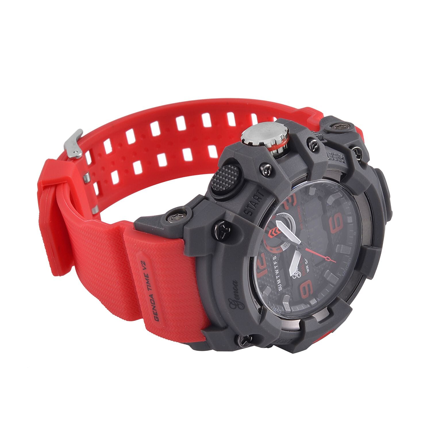 GENOA Time V2 Dual Japanese Movement Black Dial Grey Scale 5 ATM Water Resistant Watch With Red Stainless Steel & Leatherette Strap