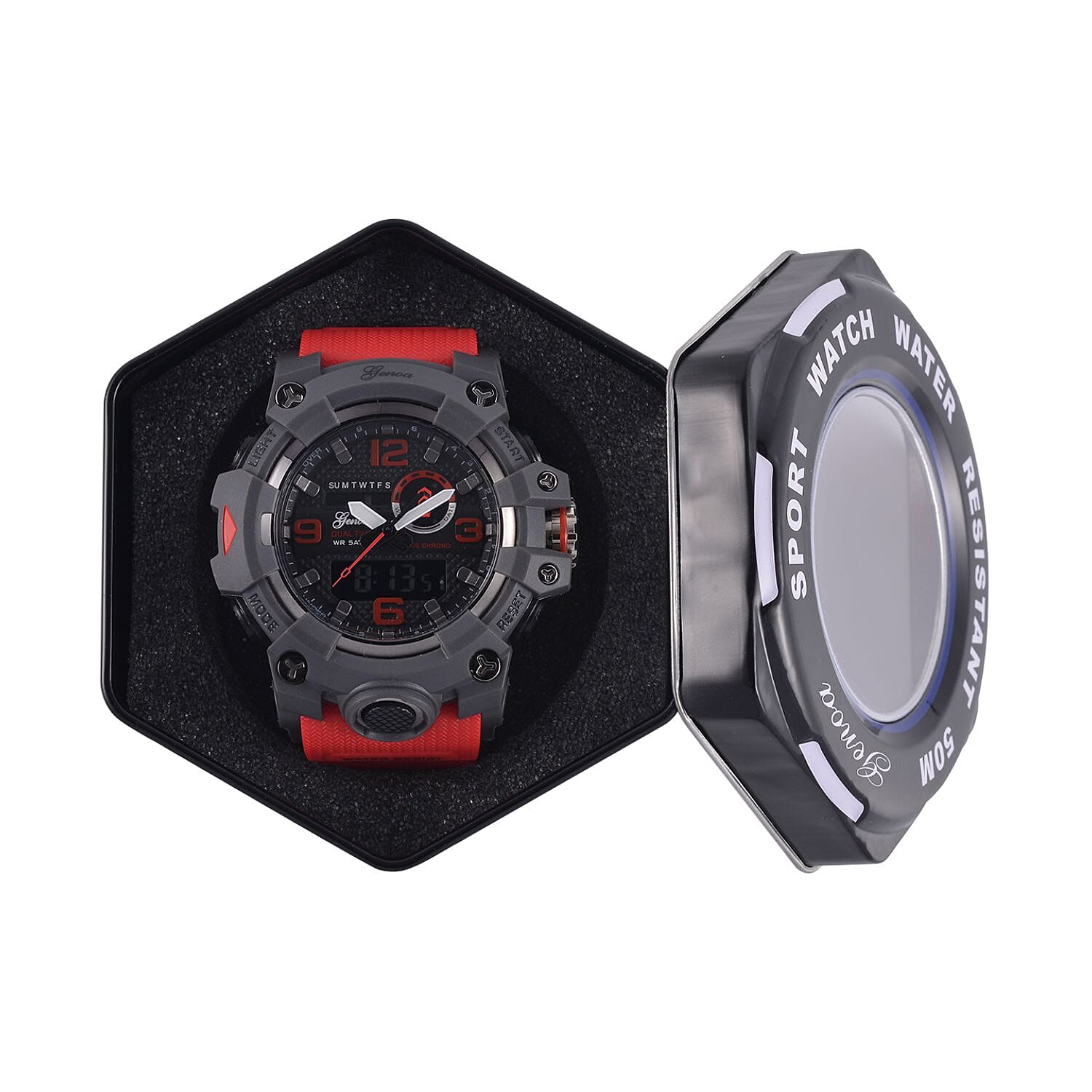 GENOA Time V2 Dual Japanese Movement Black Dial Grey Scale 5 ATM Water Resistant Watch With Red Stainless Steel & Leatherette Strap