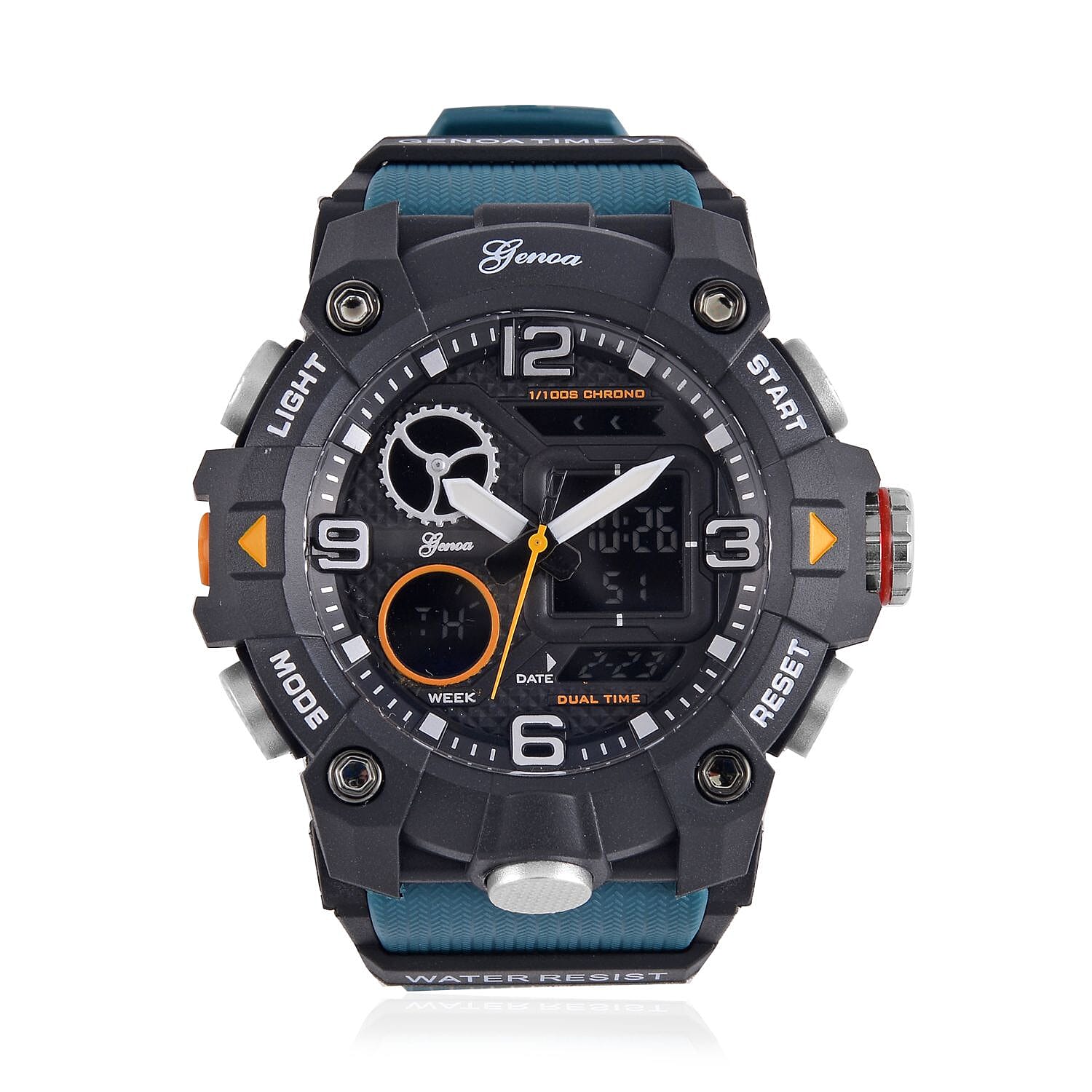 GENOA Japanese Movement Black Dial 5 ATM Water Resistant Dual Display Watch with Stopwatch, Alarm, Night Light & Green Leatherette Strap