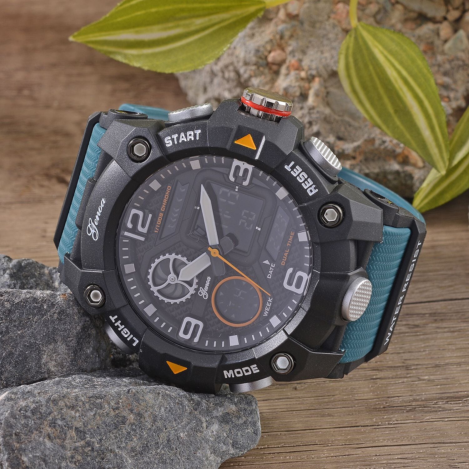 GENOA Japanese Movement Black Dial 5 ATM Water Resistant Dual Display Watch with Stopwatch, Alarm, Night Light & Green Leatherette Strap