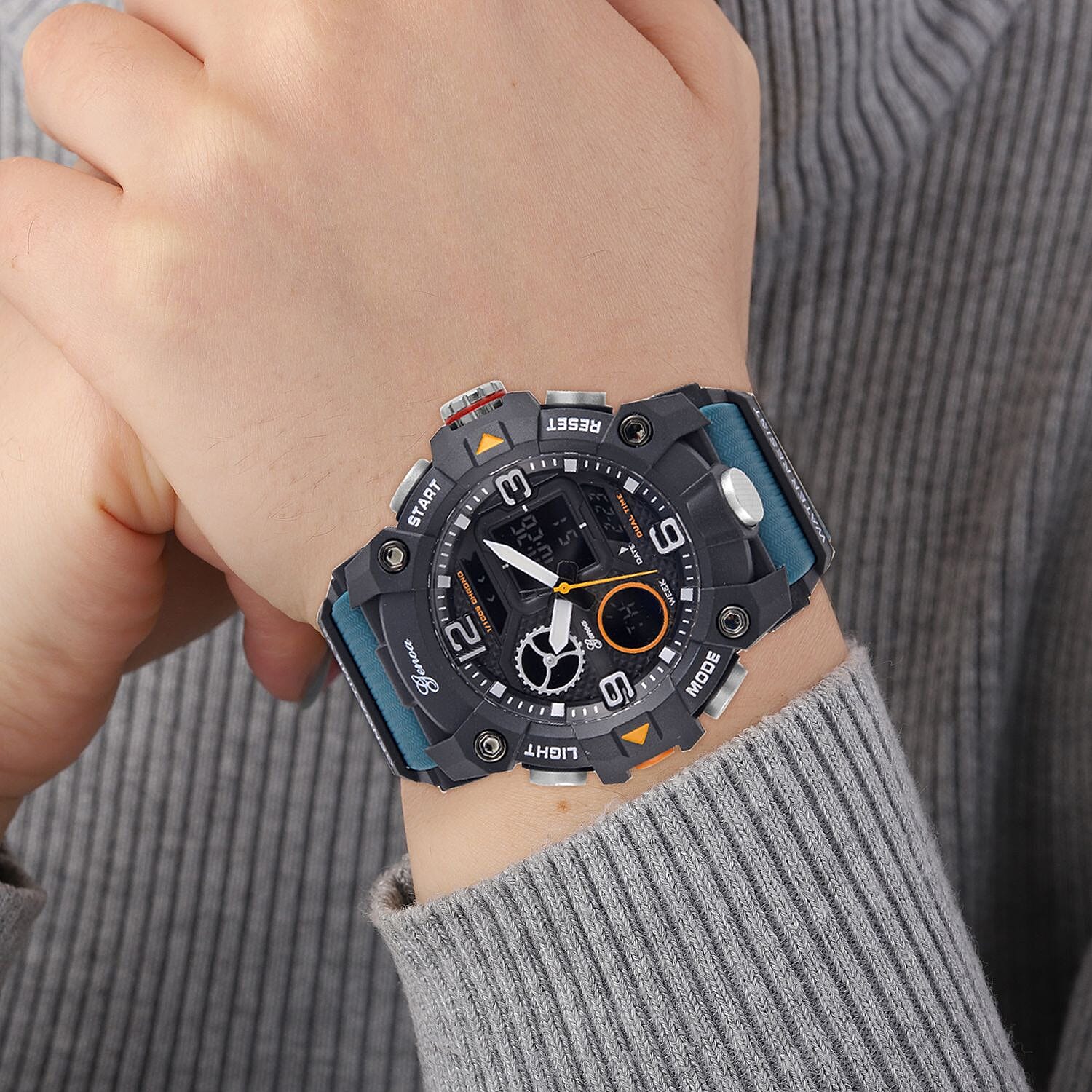 GENOA Japanese Movement Black Dial 5 ATM Water Resistant Dual Display Watch with Stopwatch, Alarm, Night Light & Green Leatherette Strap