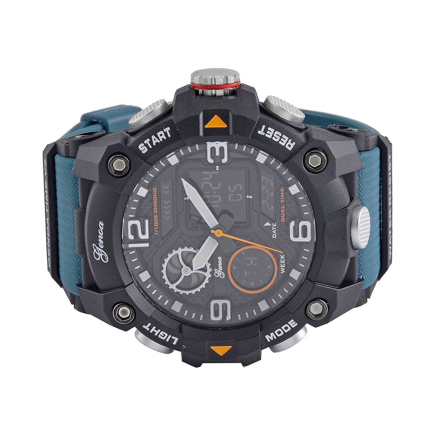 GENOA Japanese Movement Black Dial 5 ATM Water Resistant Dual Display Watch with Stopwatch, Alarm, Night Light & Green Leatherette Strap