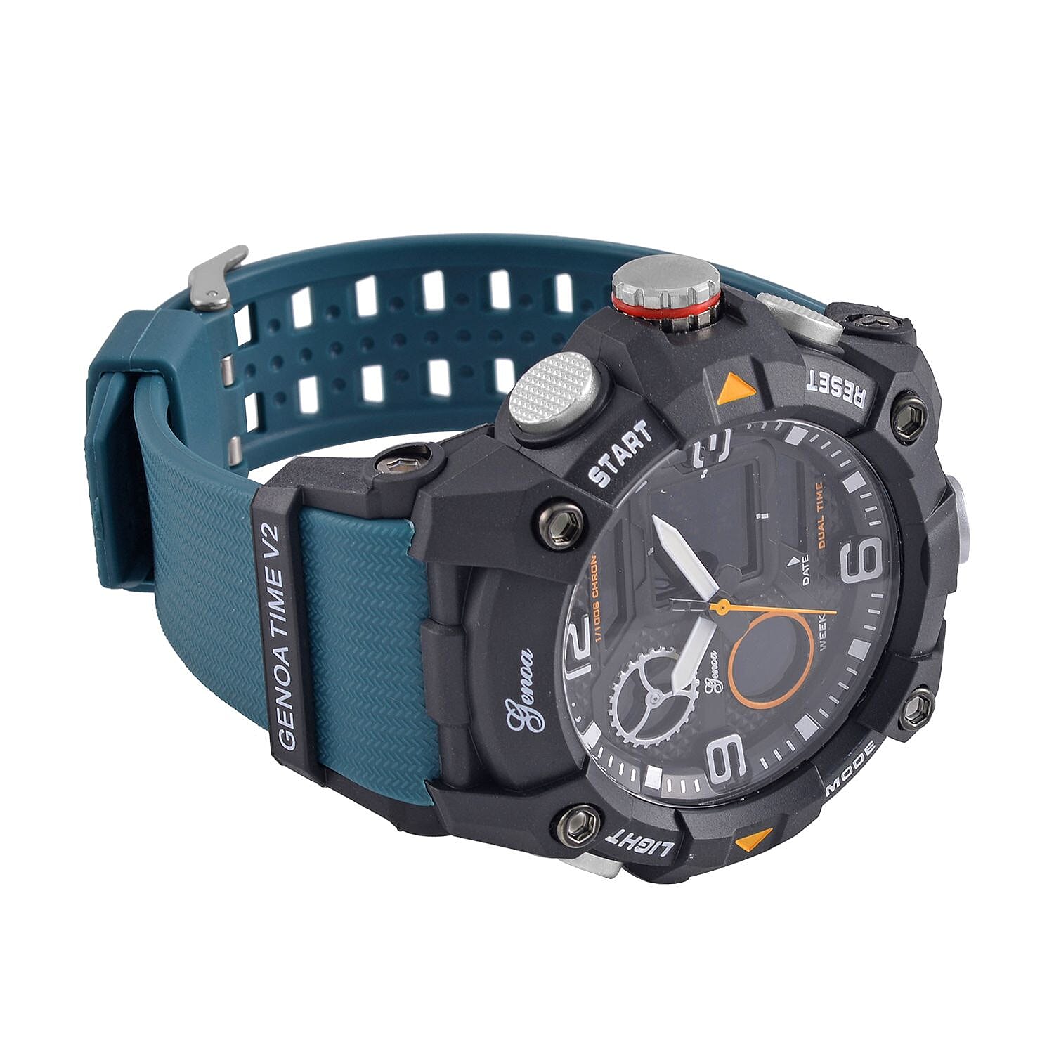 GENOA Japanese Movement Black Dial 5 ATM Water Resistant Dual Display Watch with Stopwatch, Alarm, Night Light & Green Leatherette Strap