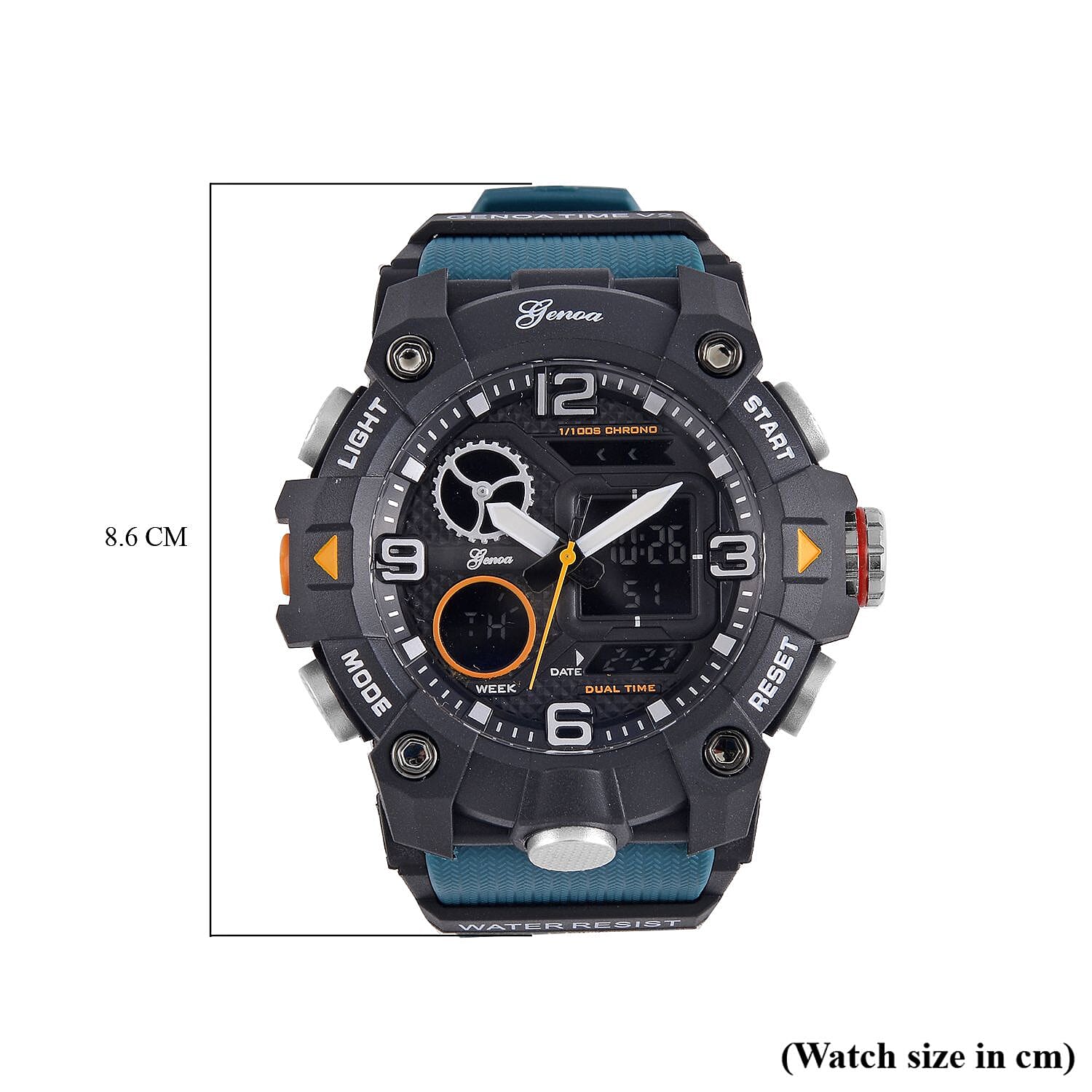 GENOA Japanese Movement Black Dial 5 ATM Water Resistant Dual Display Watch with Stopwatch, Alarm, Night Light & Green Leatherette Strap