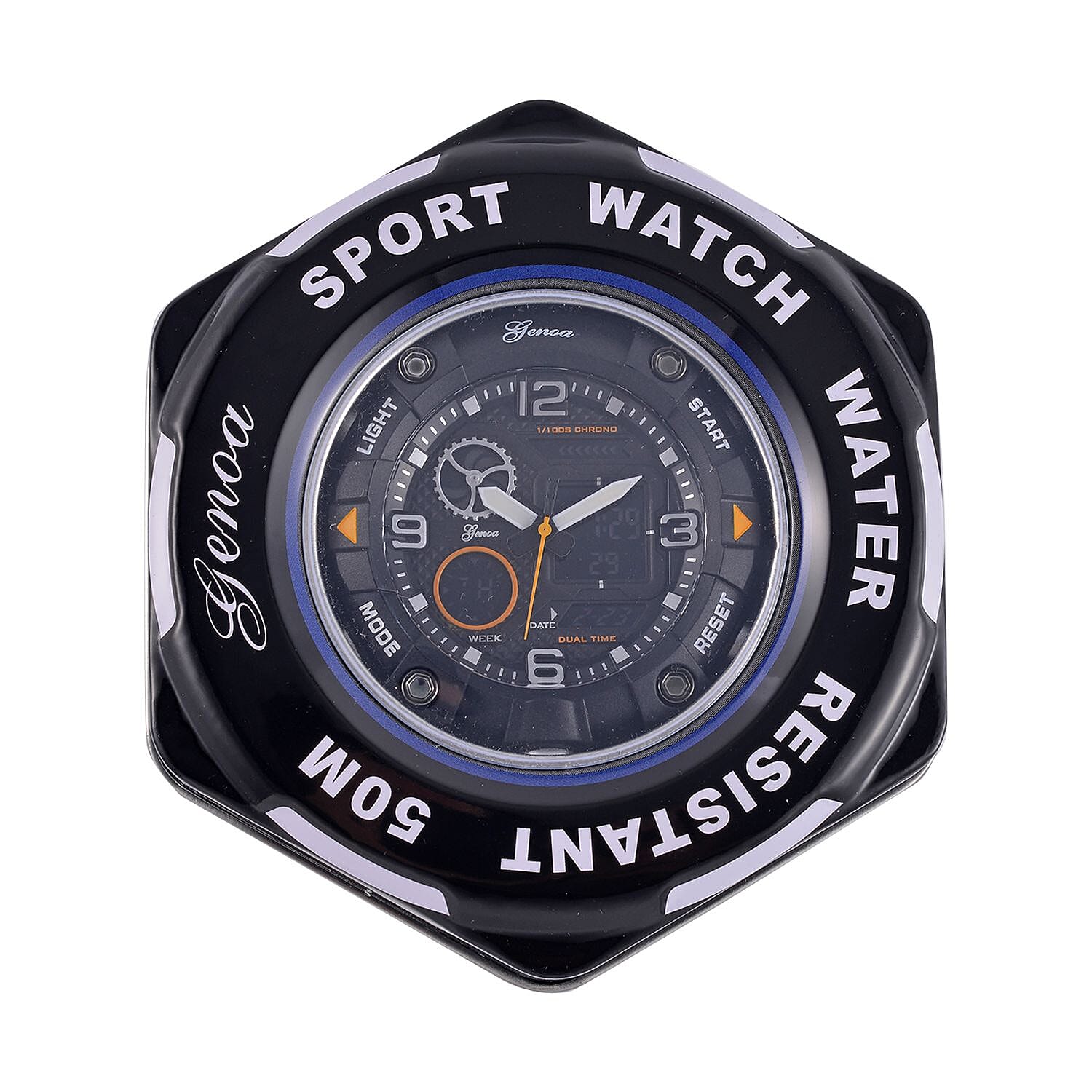 GENOA Japanese Movement Black Dial 5 ATM Water Resistant Dual Display Watch with Stopwatch, Alarm, Night Light & Green Leatherette Strap