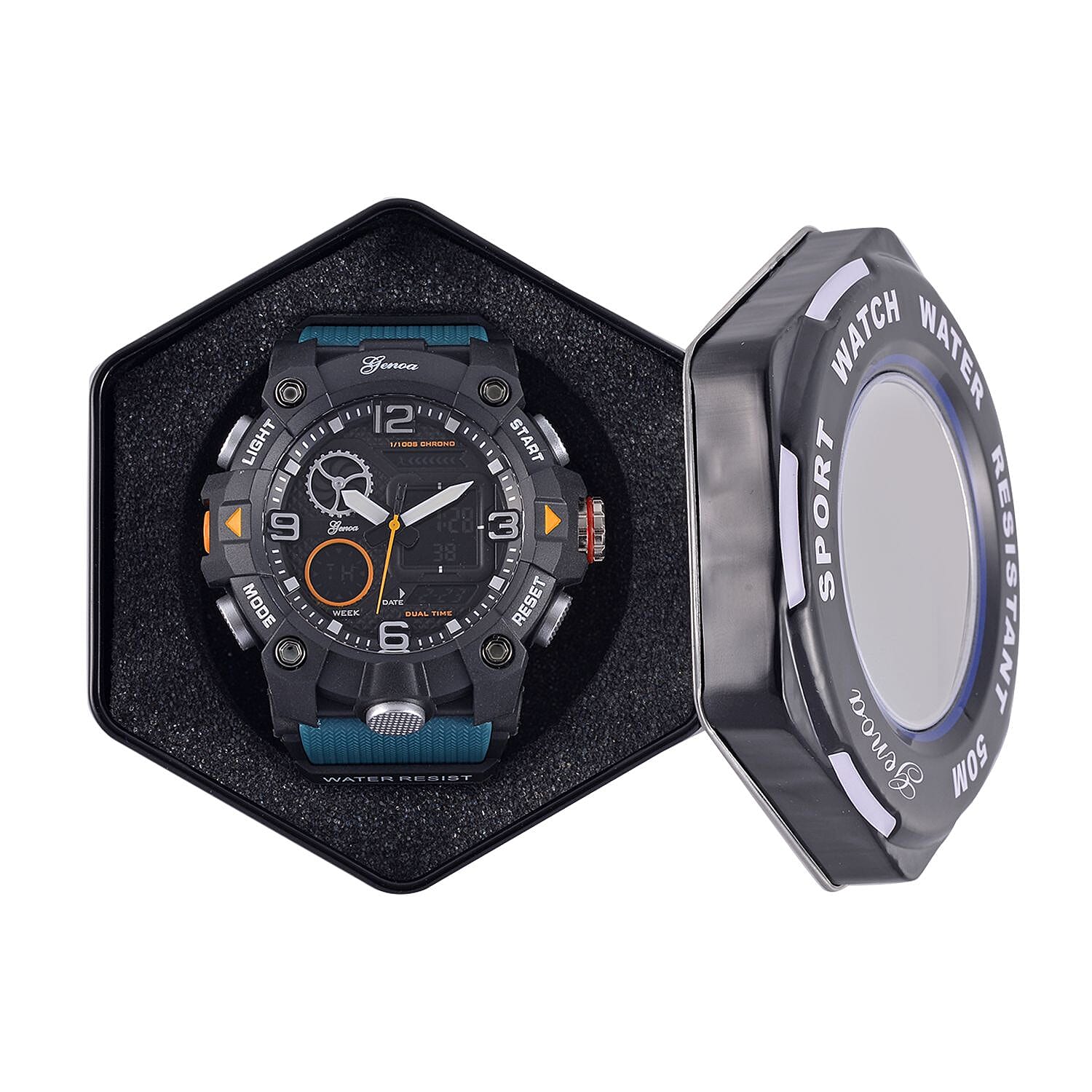 GENOA Japanese Movement Black Dial 5 ATM Water Resistant Dual Display Watch with Stopwatch, Alarm, Night Light & Green Leatherette Strap