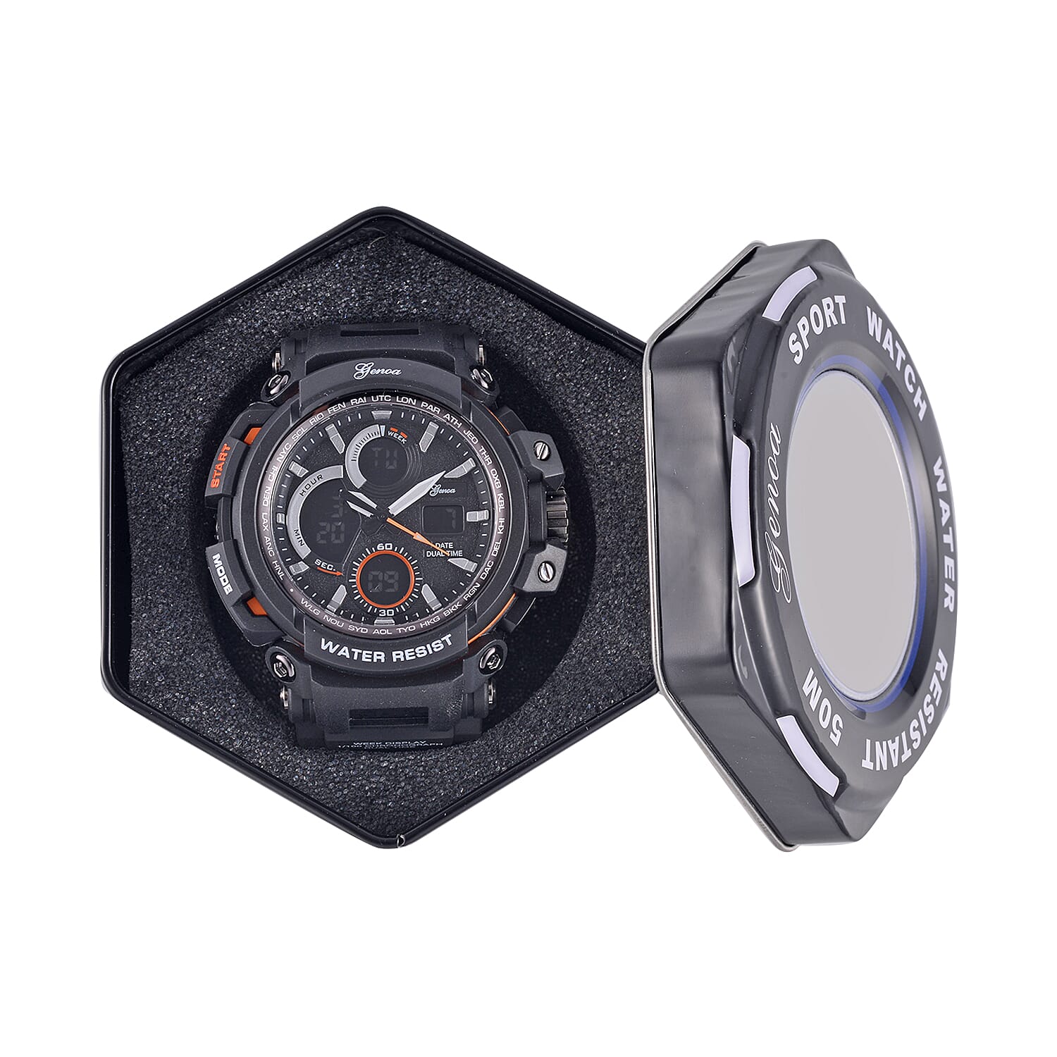 Genoa Japanese Movement Black Dial 5 ATM Water Resistant Watch with Black Leatherette Strap