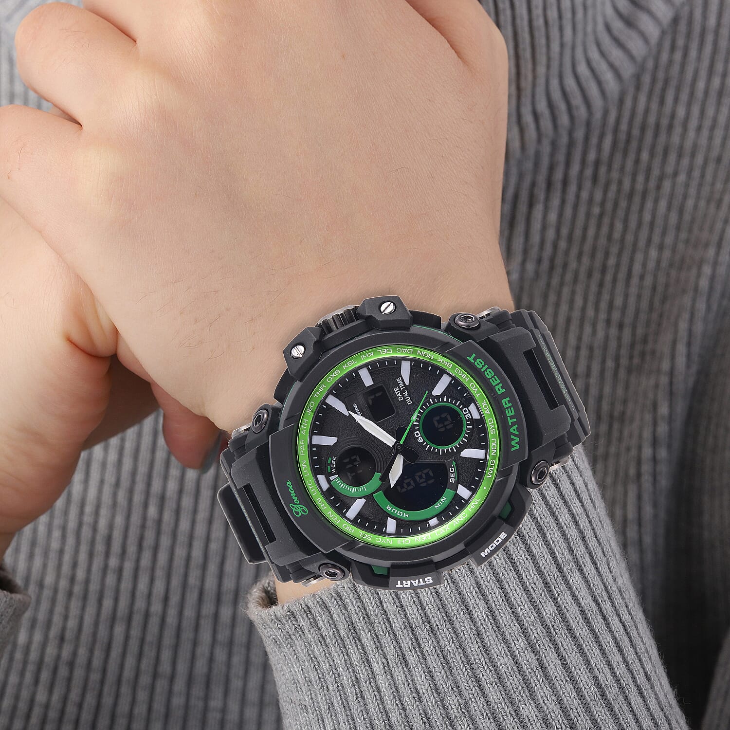 Genoa Japanese Movement Black Dial 5 ATM Water Resistant Watch with Black Leatherette Strap - Green Bezel