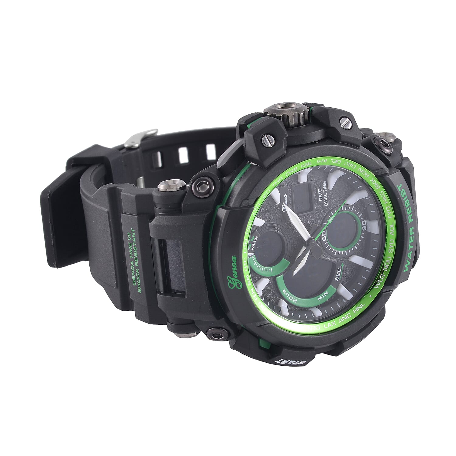 Genoa Japanese Movement Black Dial 5 ATM Water Resistant Watch with Black Leatherette Strap - Green Bezel