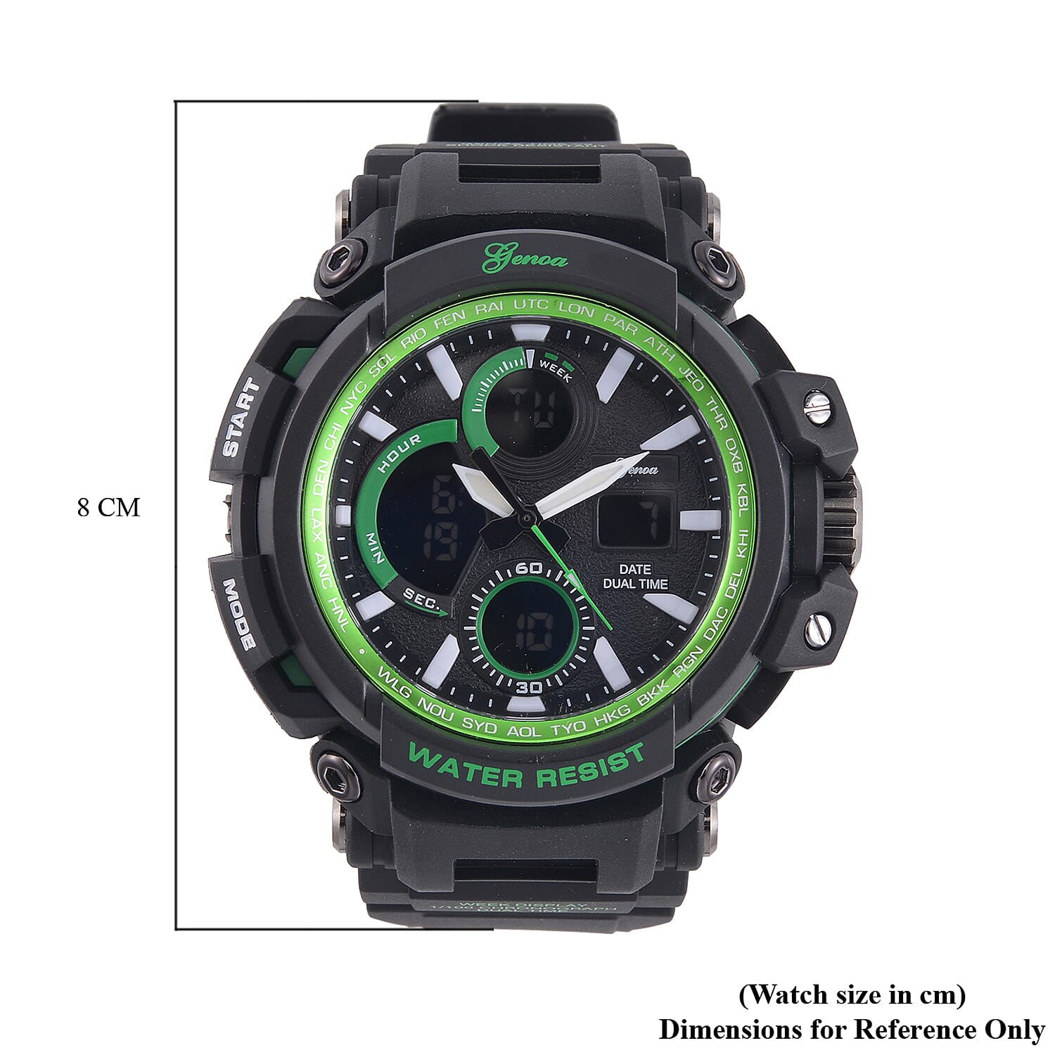 Genoa Japanese Movement Black Dial 5 ATM Water Resistant Watch with Black Leatherette Strap - Green Bezel