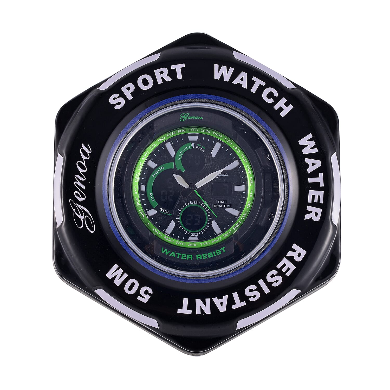 Genoa Japanese Movement Black Dial 5 ATM Water Resistant Watch with Black Leatherette Strap - Green Bezel