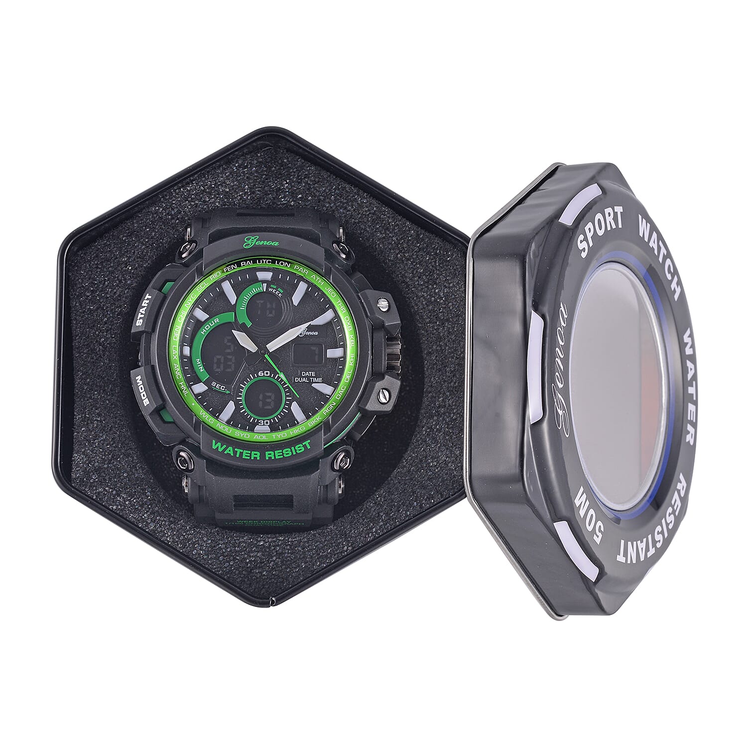 Genoa Japanese Movement Black Dial 5 ATM Water Resistant Watch with Black Leatherette Strap - Green Bezel