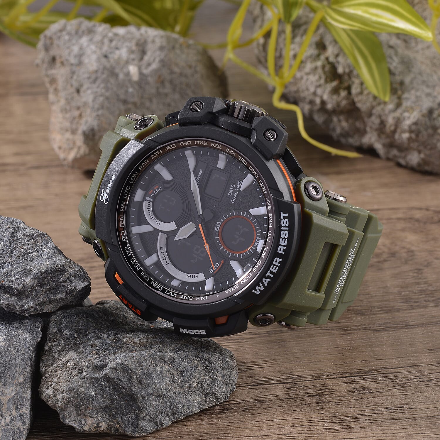 Genoa Japanese Movement Black Dial 5 ATM Water Resistant Watch with Green Leatherette Strap