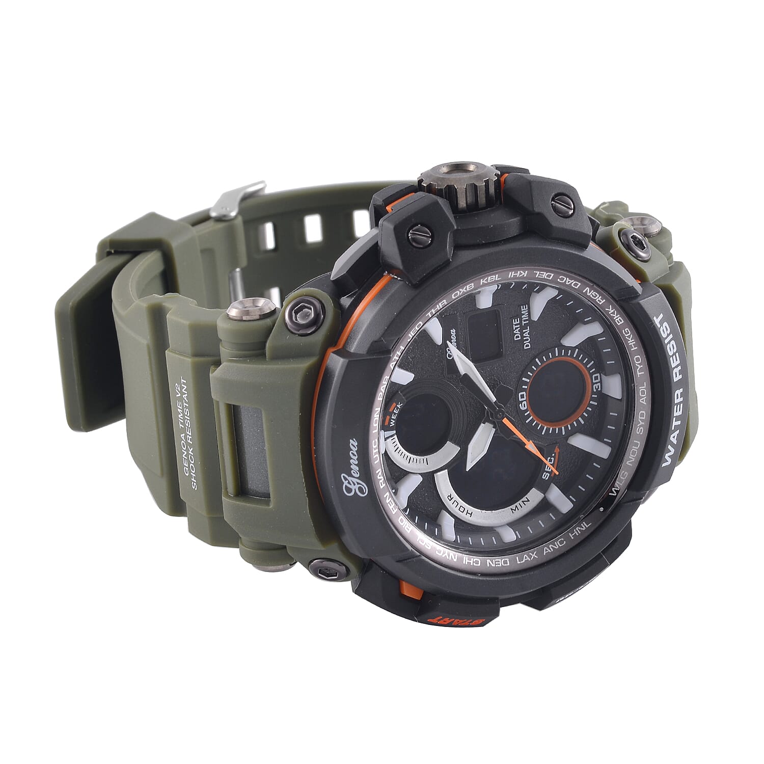 Genoa Japanese Movement Black Dial 5 ATM Water Resistant Watch with Green Leatherette Strap