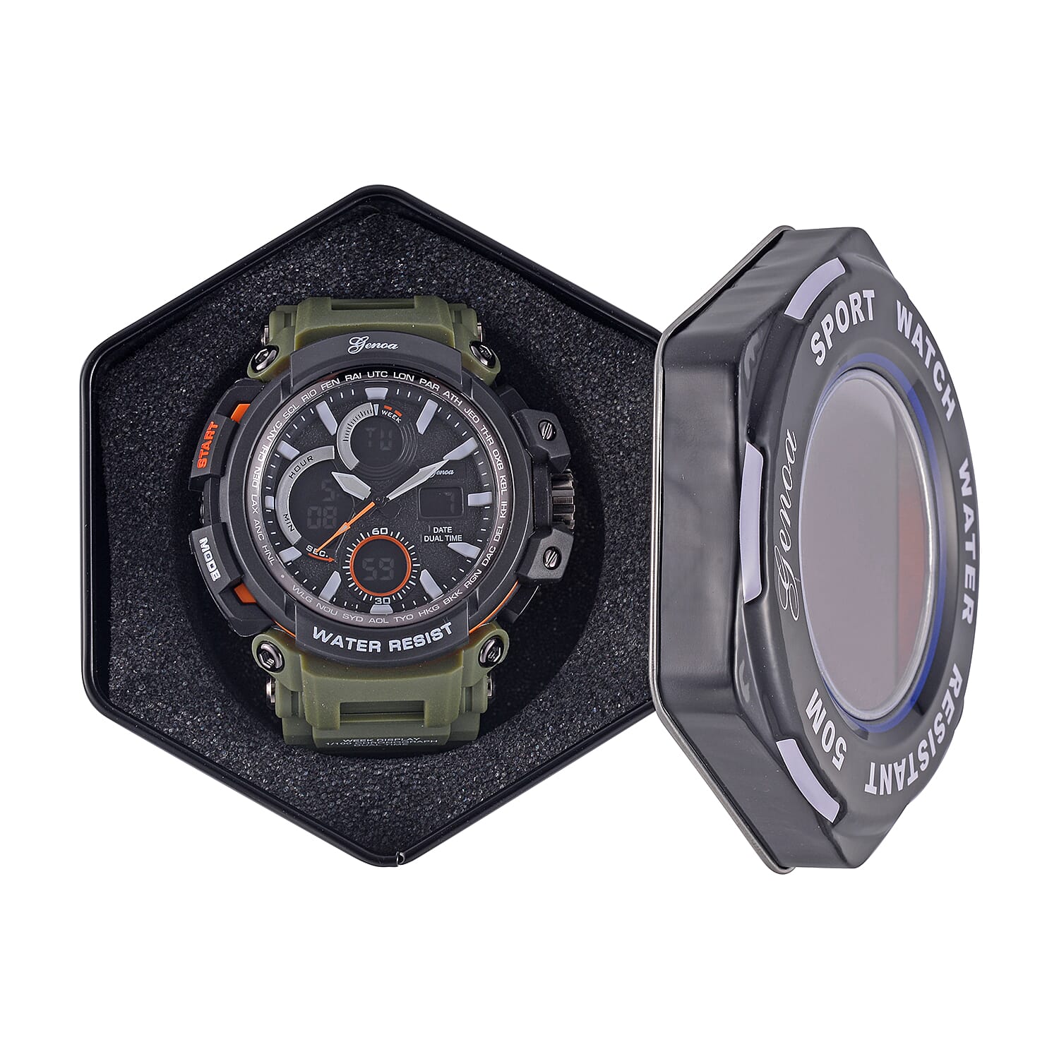 Genoa Japanese Movement Black Dial 5 ATM Water Resistant Watch with Green Leatherette Strap