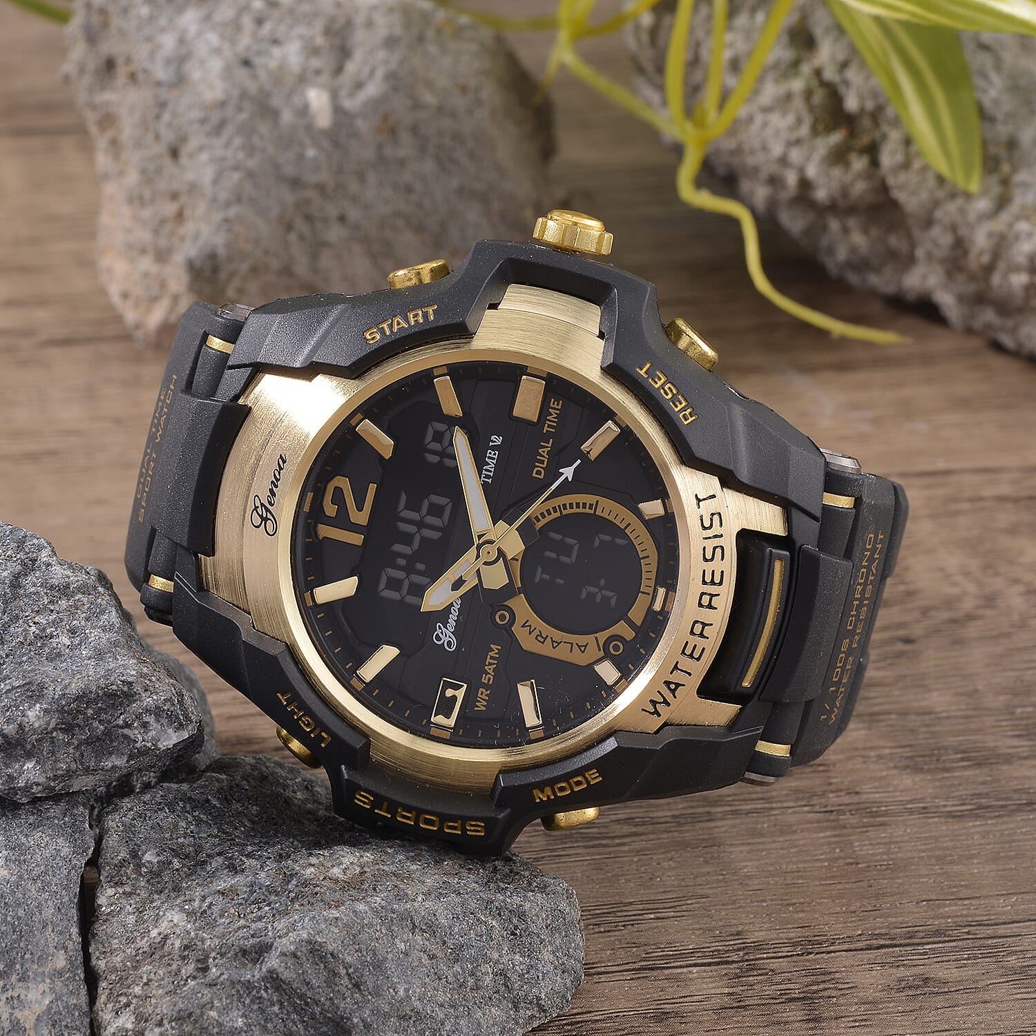 Genoa Black Literal Gold Dial 5 ATM Water Resistant Watch with Black Leatherette Strap