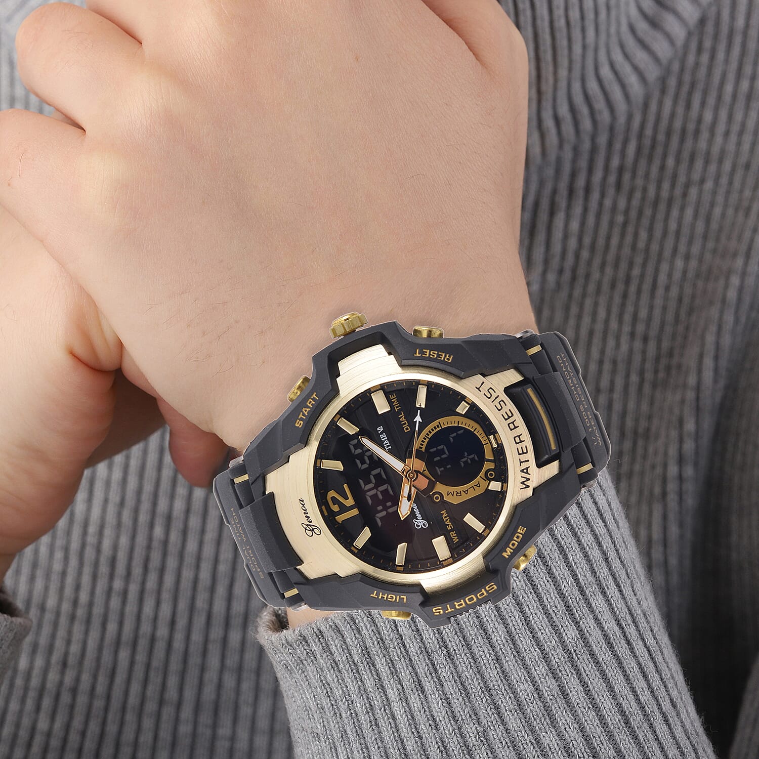 Genoa Black Literal Gold Dial 5 ATM Water Resistant Watch with Black Leatherette Strap