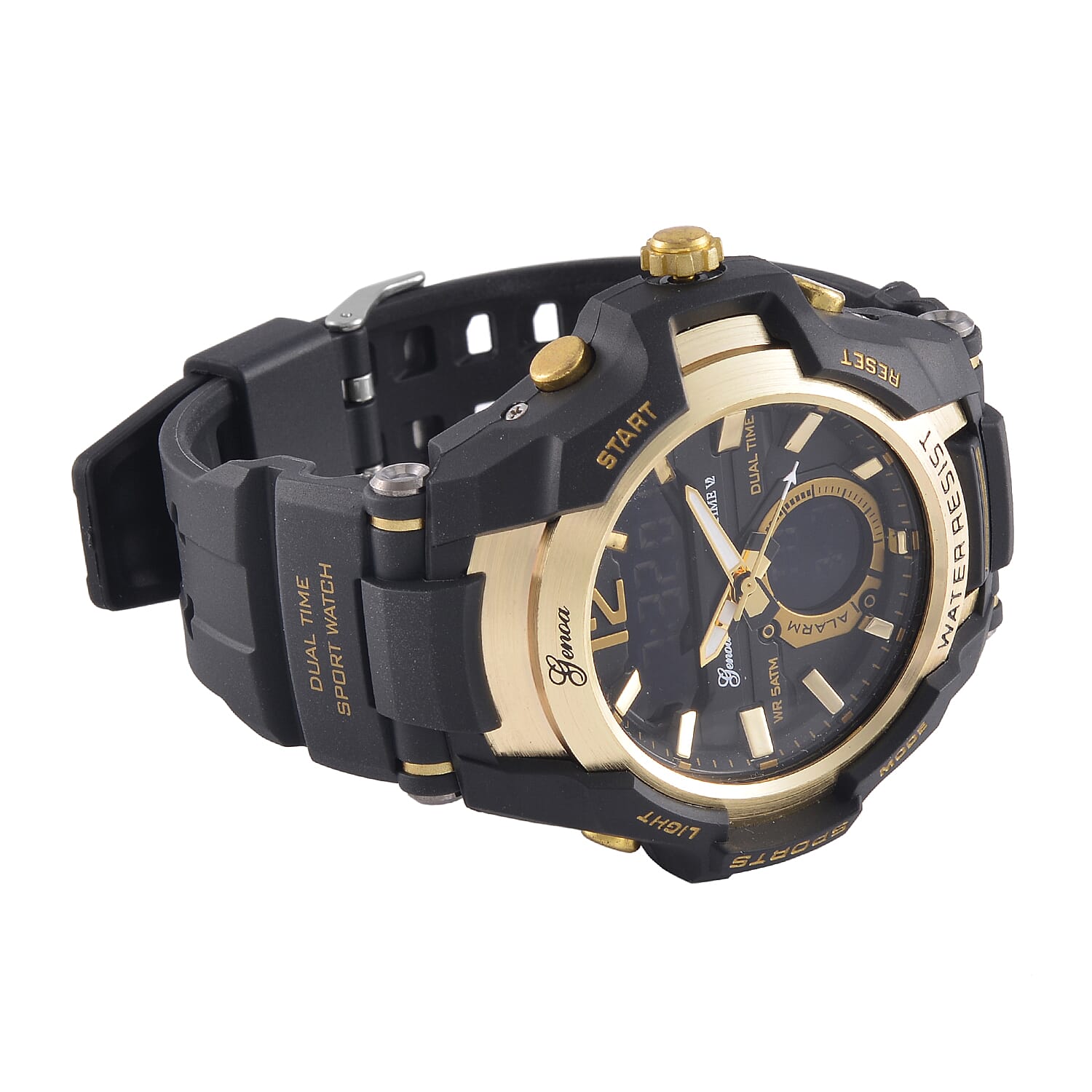 Genoa Black Literal Gold Dial 5 ATM Water Resistant Watch with Black Leatherette Strap