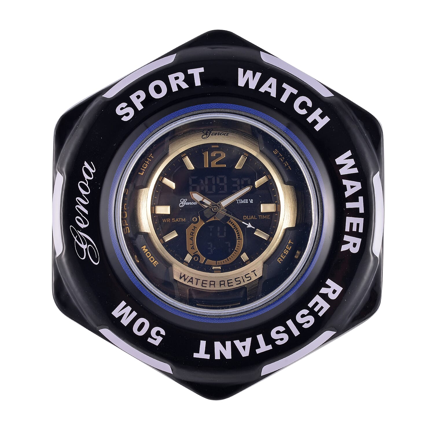 Genoa Black Literal Gold Dial 5 ATM Water Resistant Watch with Black Leatherette Strap